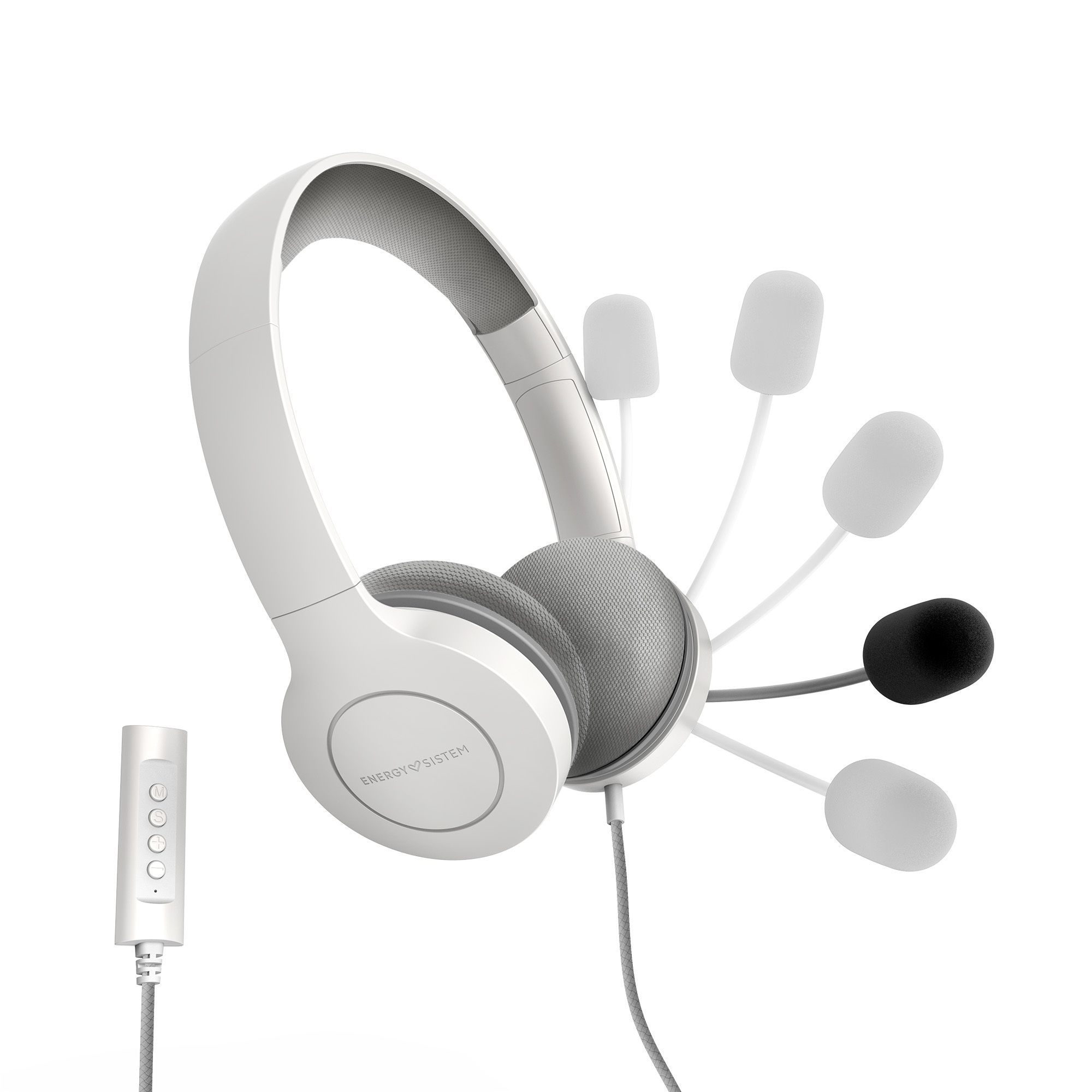 Auriculares blancos con múltiples micrófonos ajustables, sobre fondo blanco.