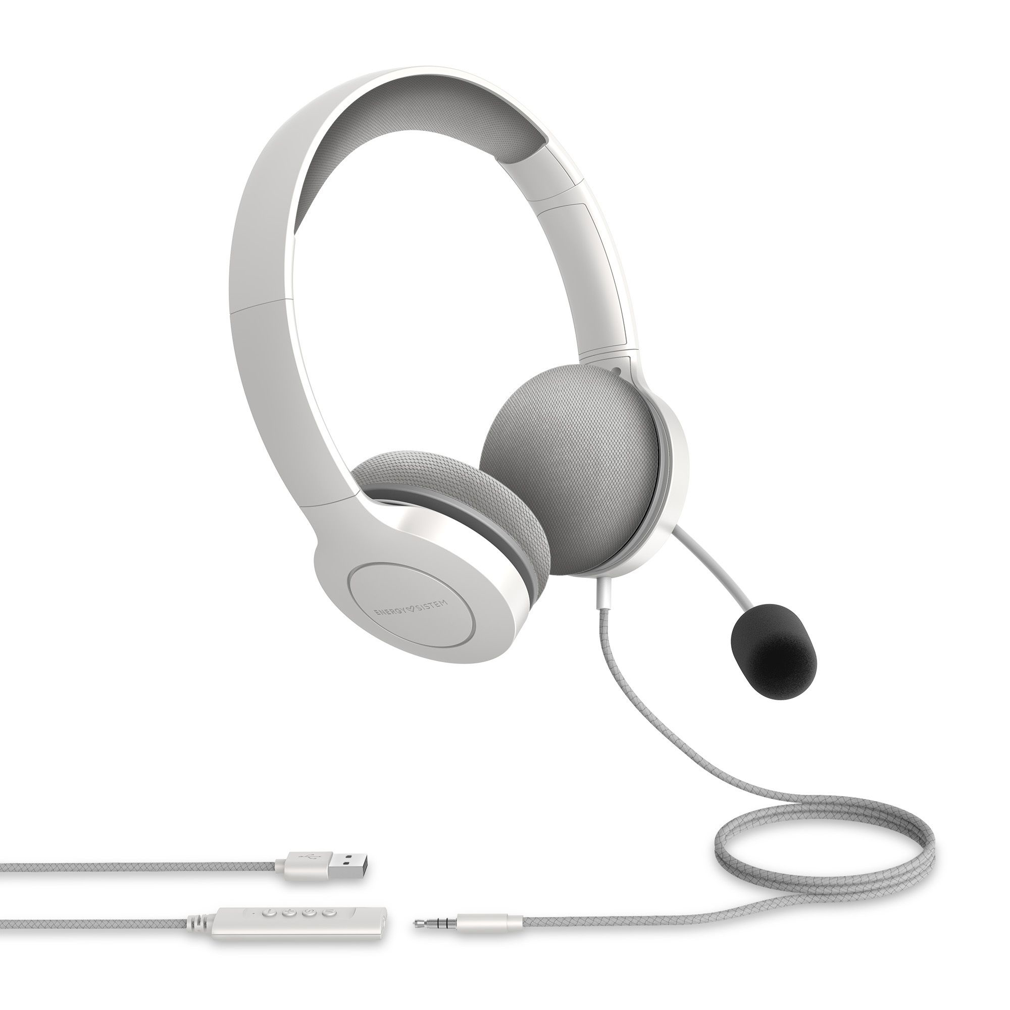 Auriculares blancos con micrófono y fondo blanco.