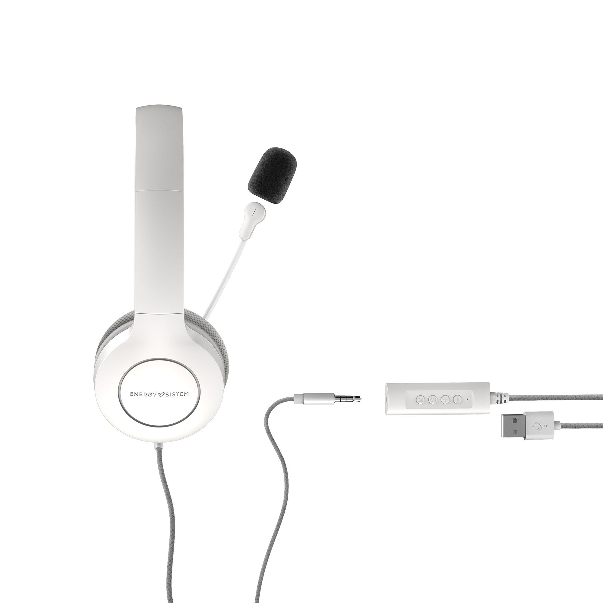 Auriculares blancos con micrófono y módulo de control, cable gris y blanco.