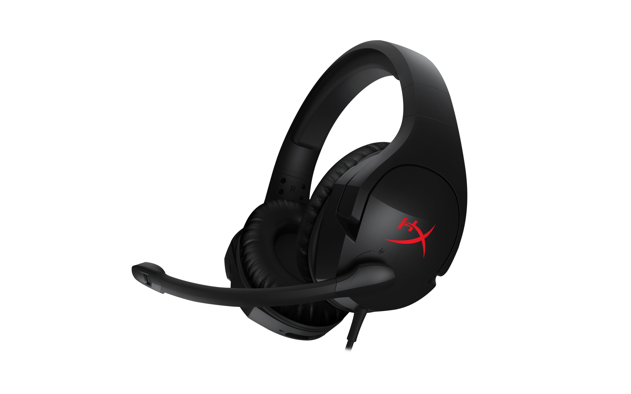 Cuffie HyperX nere con logo rosso. Padiglioni e fascia neri. Microfono collegato. Sfondo bianco.