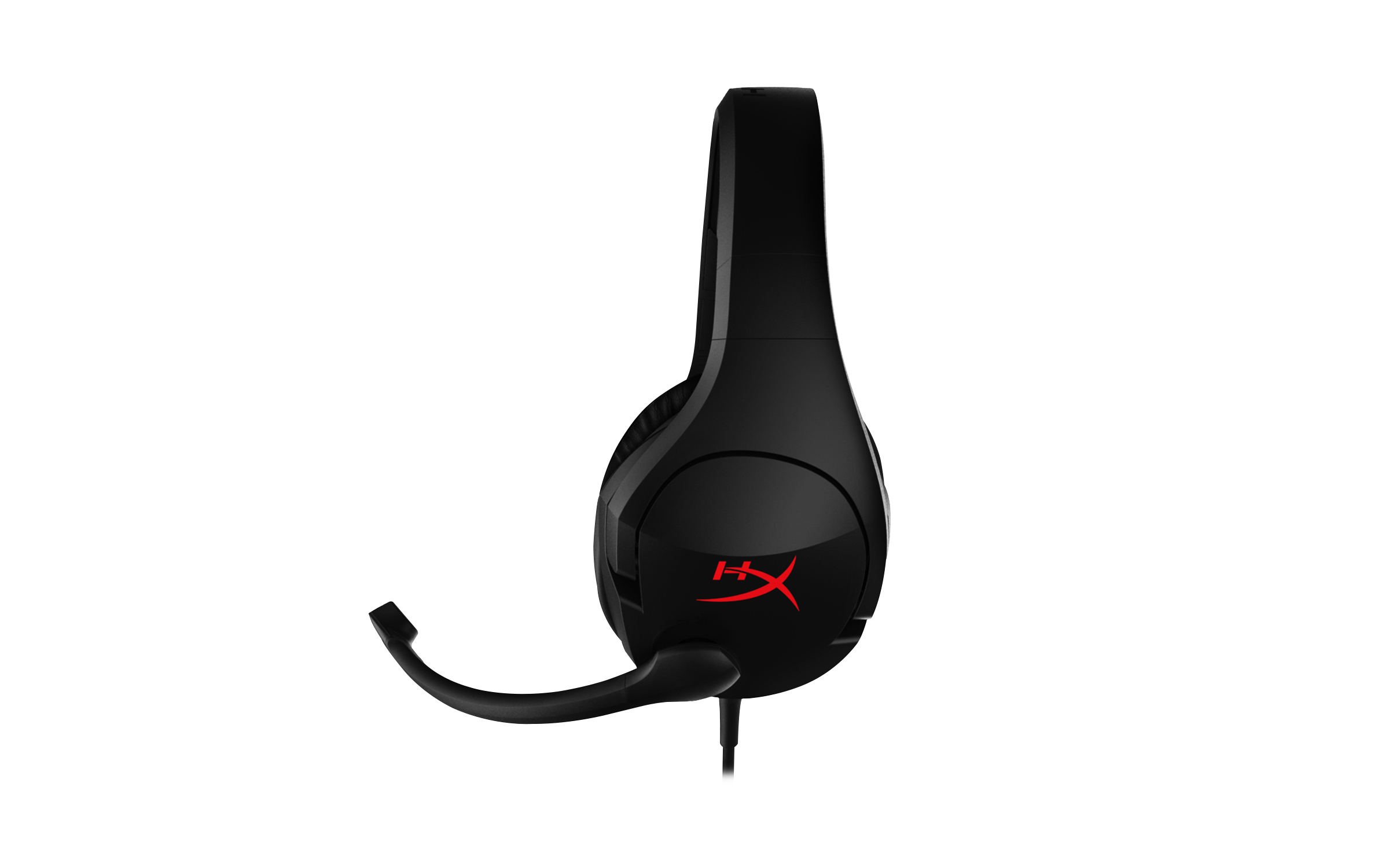 Cuffie da gioco nere con logo rosso. L'auricolare ha un microfono ed è angolato.