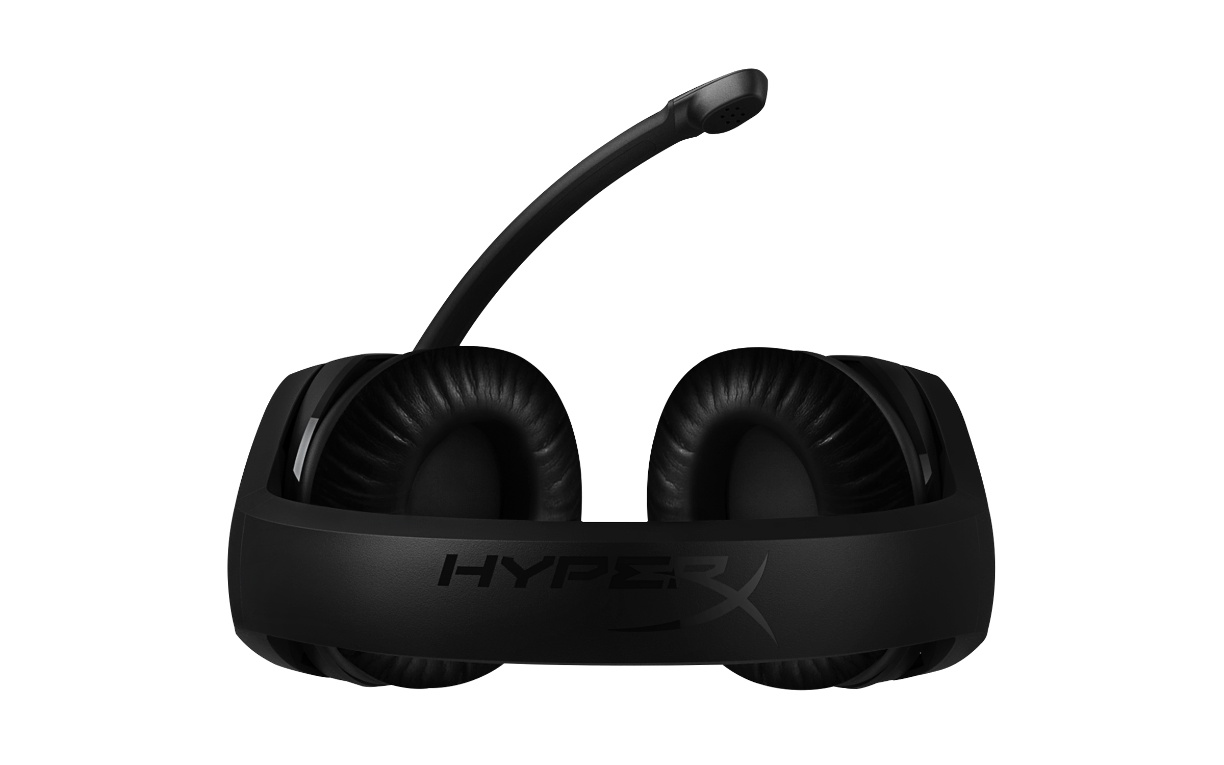Cuffie nere con microfono, logo HyperX visibile, isolate su bianco.