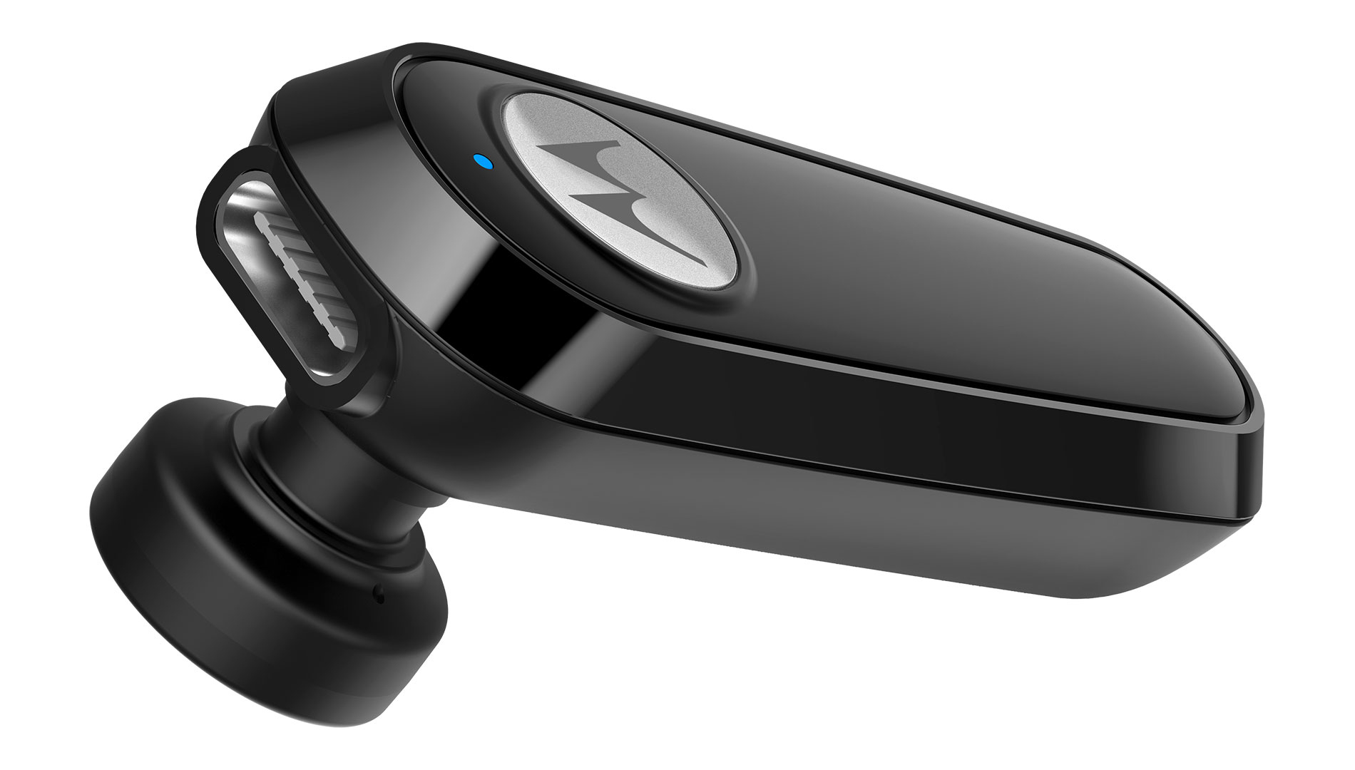 Schwarzes Bluetooth-Headset mit silbernem Motorola-Logo. Das Gerät ist klein und gebogen.
