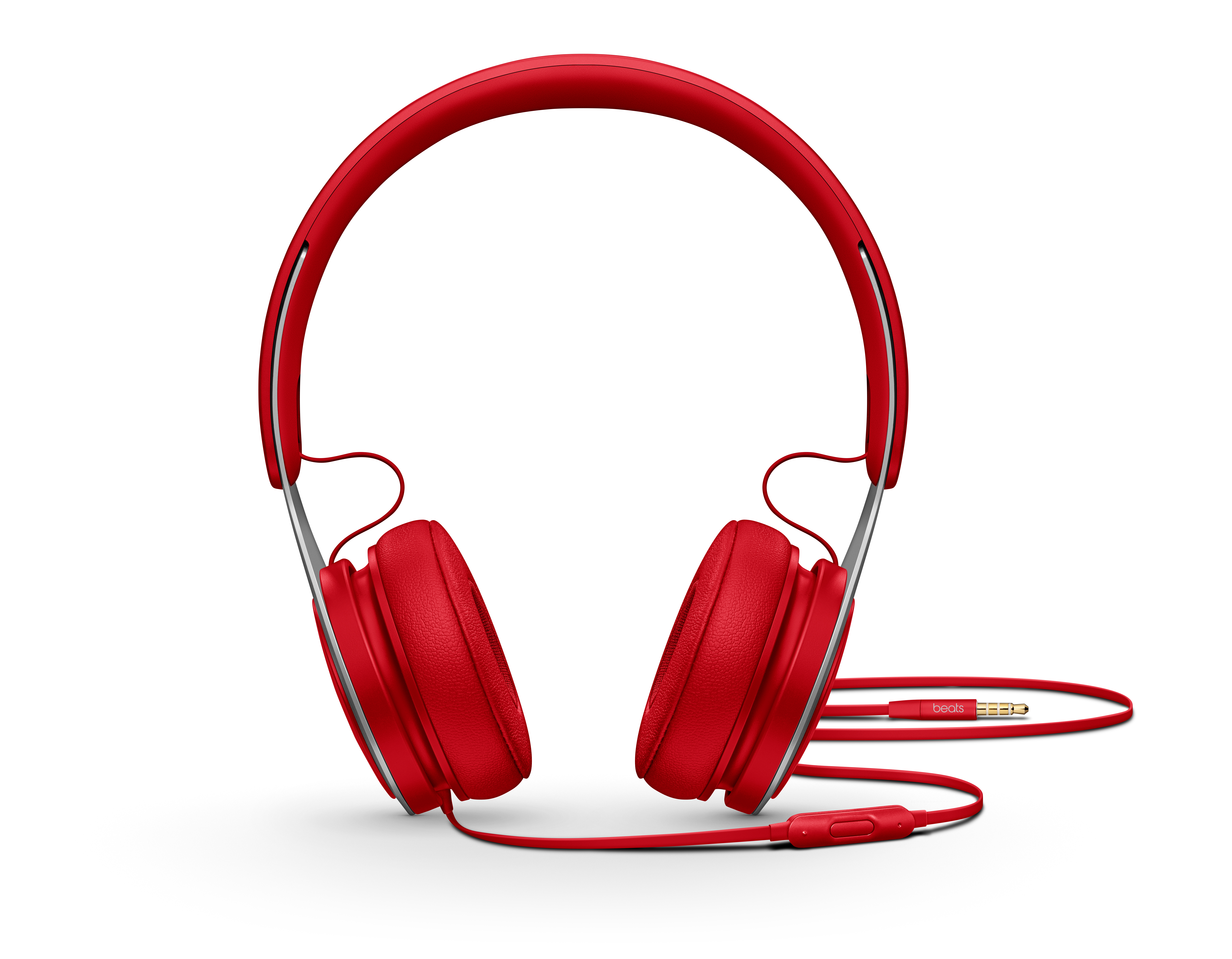 Rote Beats-Kopfhörer auf weißem Hintergrund. Enthält Ohrmuscheln, Bügel und eine Inline-Fernbedienung.