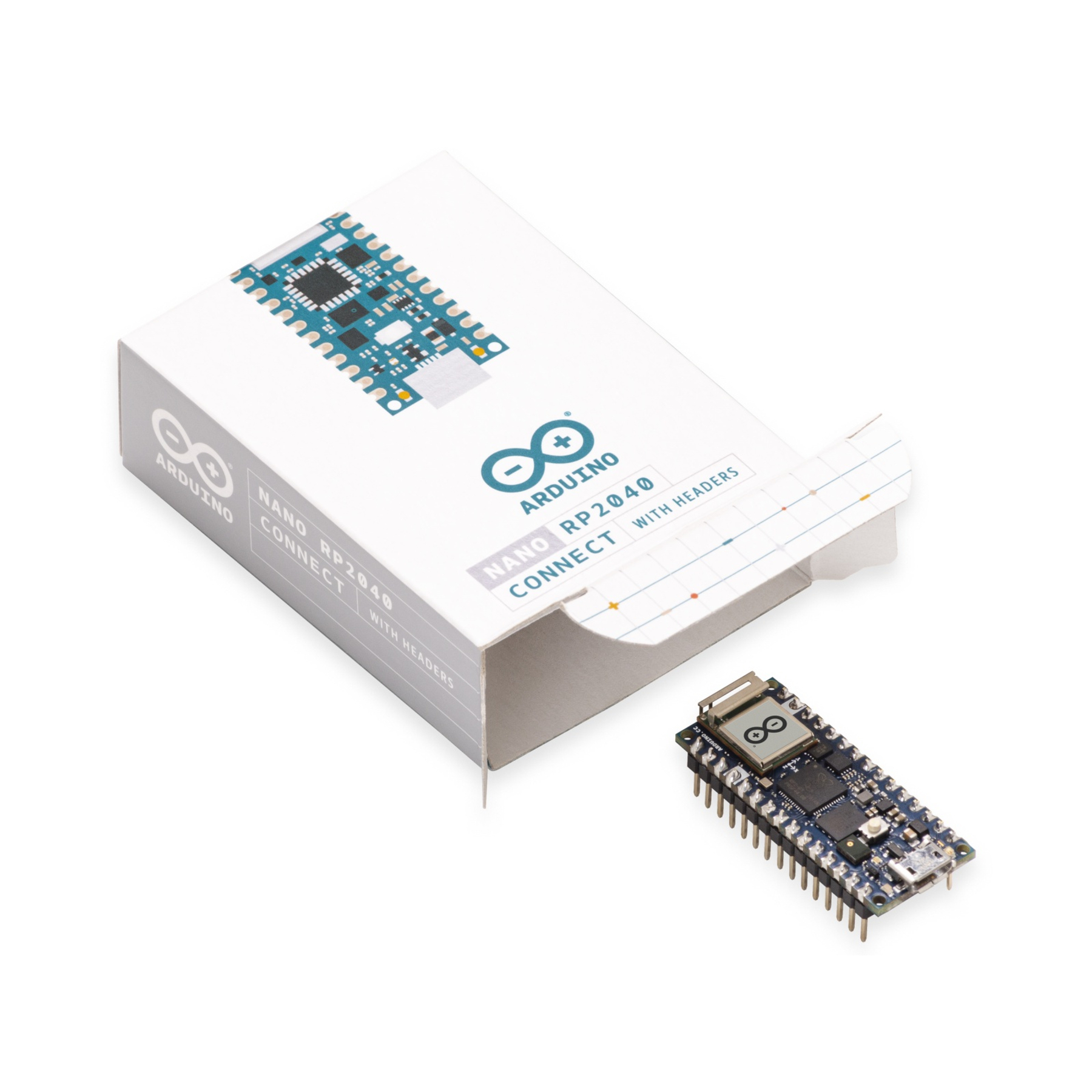 Płytka Arduino Nano RP2040 Connect w pudełku i sama płytka na białej powierzchni.