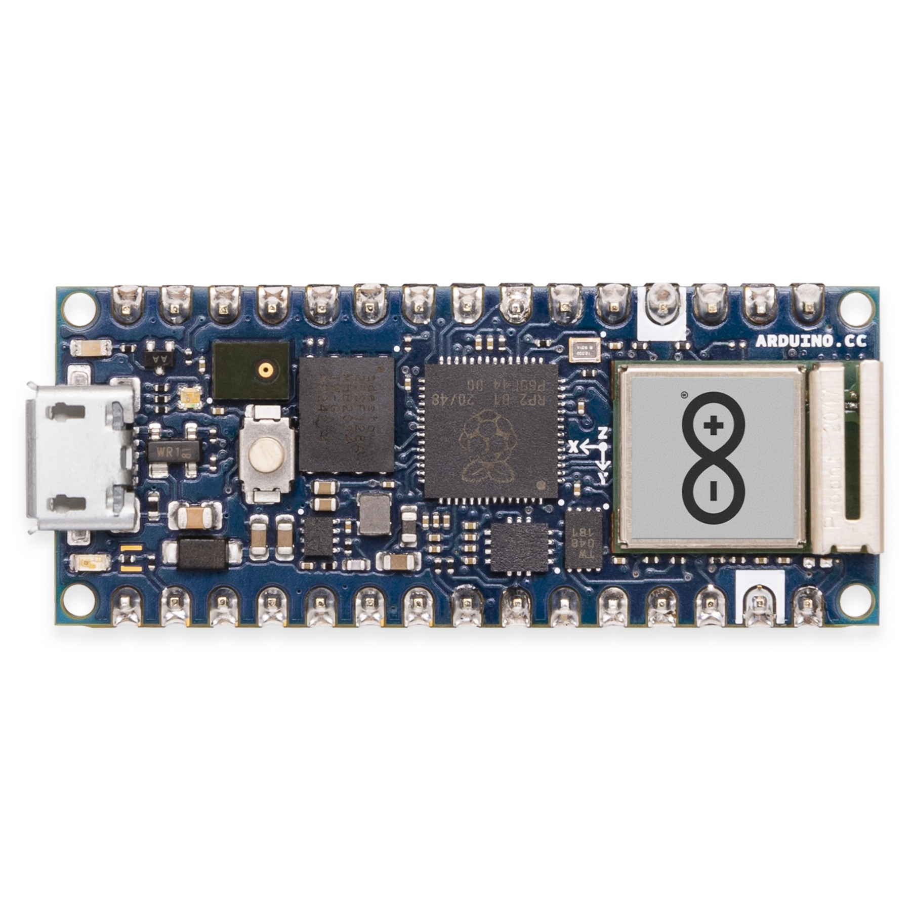 Niebieskie Arduino Nano. Komponenty są widoczne. Etykieta Arduino.cc po prawej.