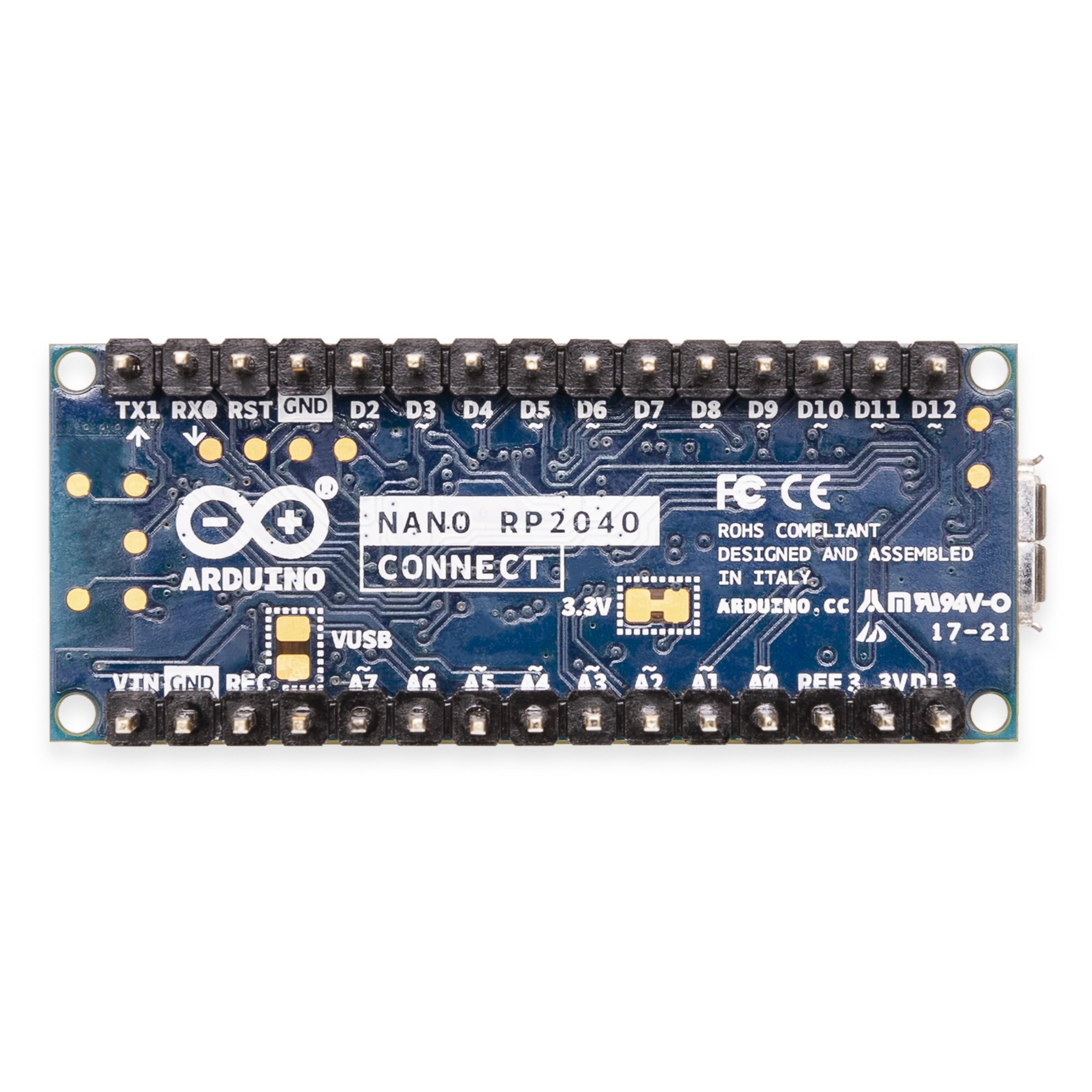 Niebieska płytka Arduino Nano RP2040 Connect z różnymi pinami i komponentami.