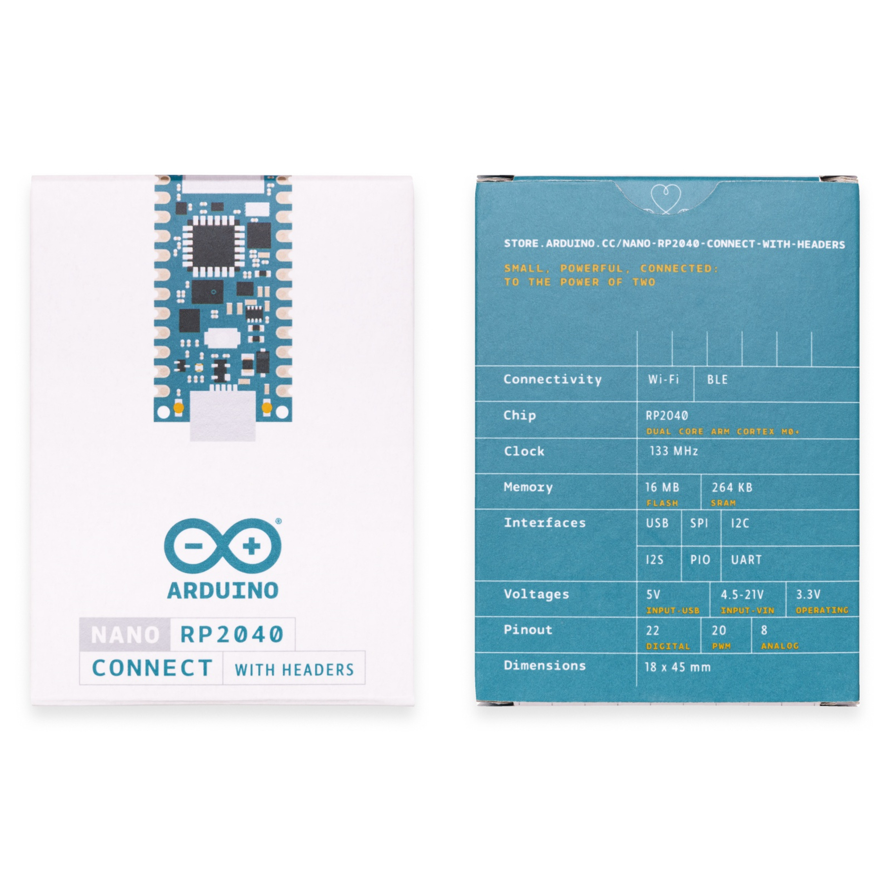 Pudełko Arduino Nano RP2040 Connect, z informacjami z tyłu.