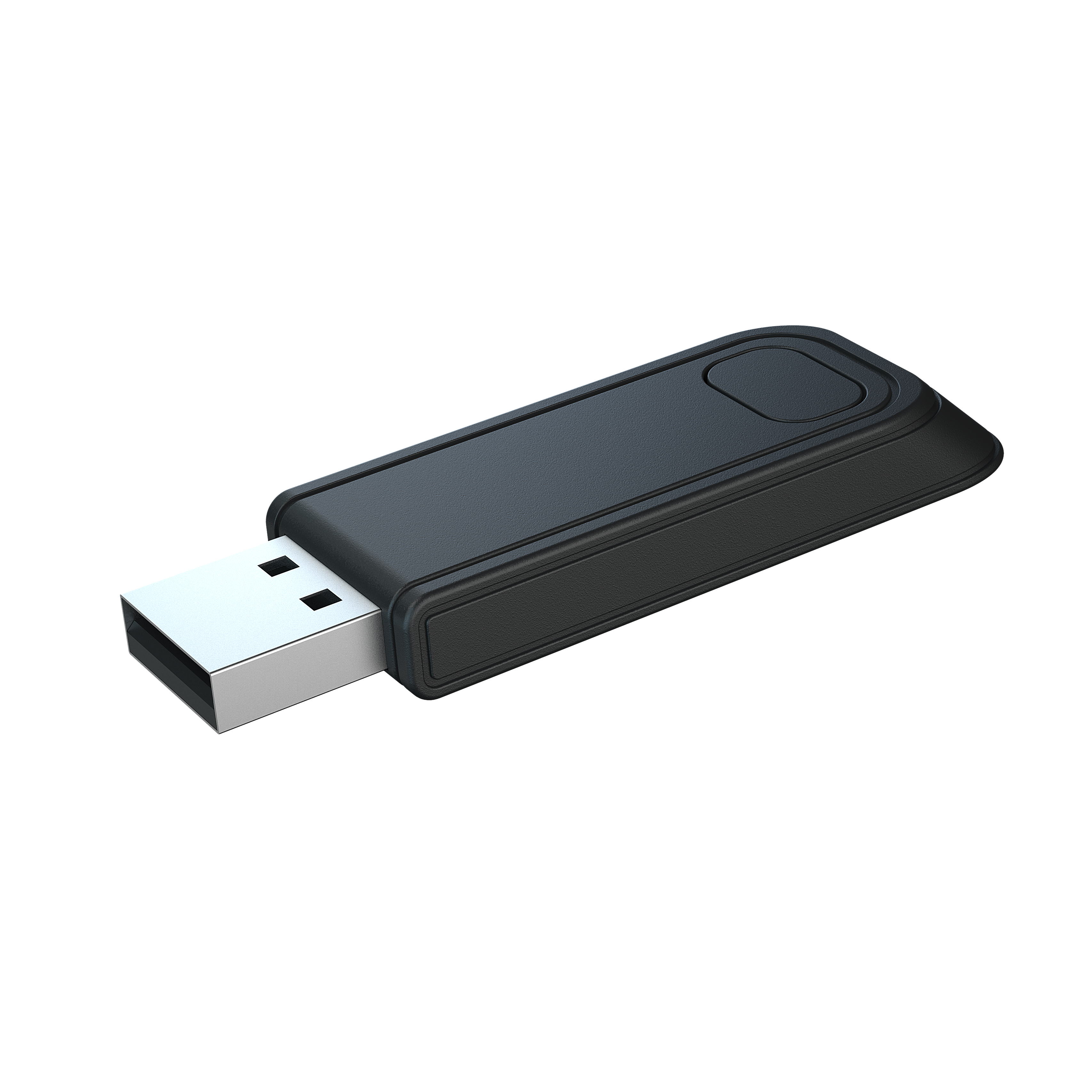 Czarne urządzenie USB. Tło jest białe.