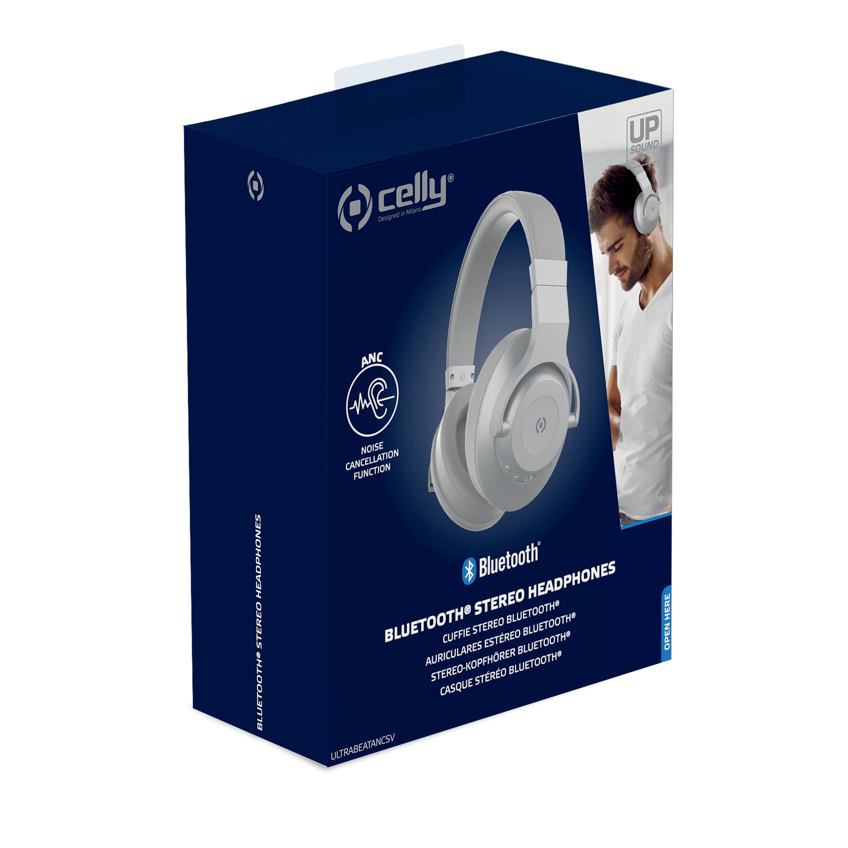 Scatola con cuffie bianche e un uomo. Testo: Cuffie stereo Bluetooth.