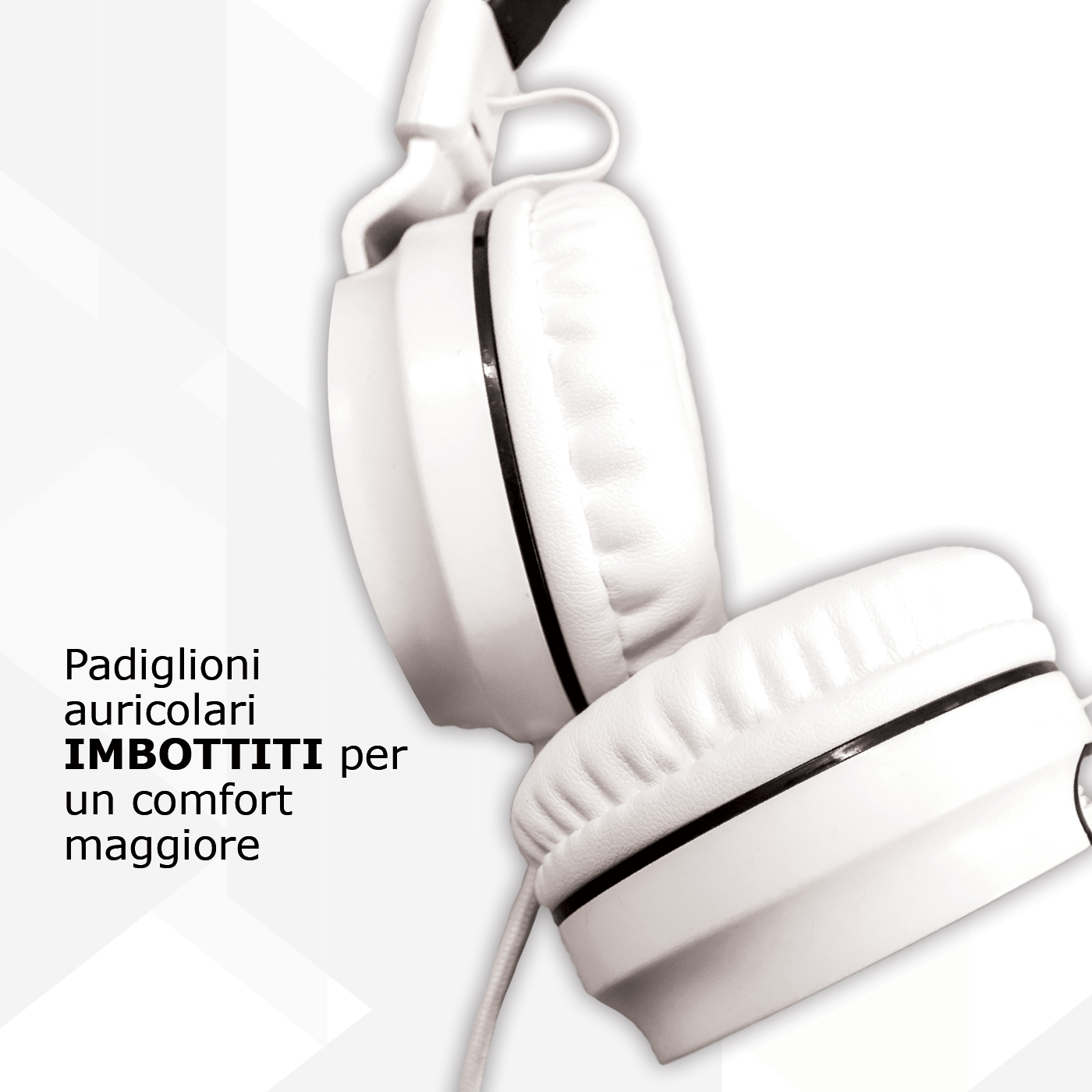 Cuffie bianche con dettagli neri, testo in italiano. Sfondo bianco con motivi geometrici.