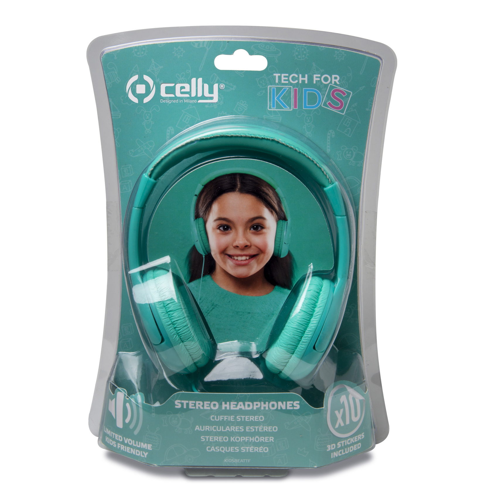 Słuchawki w opakowaniu, ze zdjęciem dziewczyny i tekstem "TECH FOR KIDS".