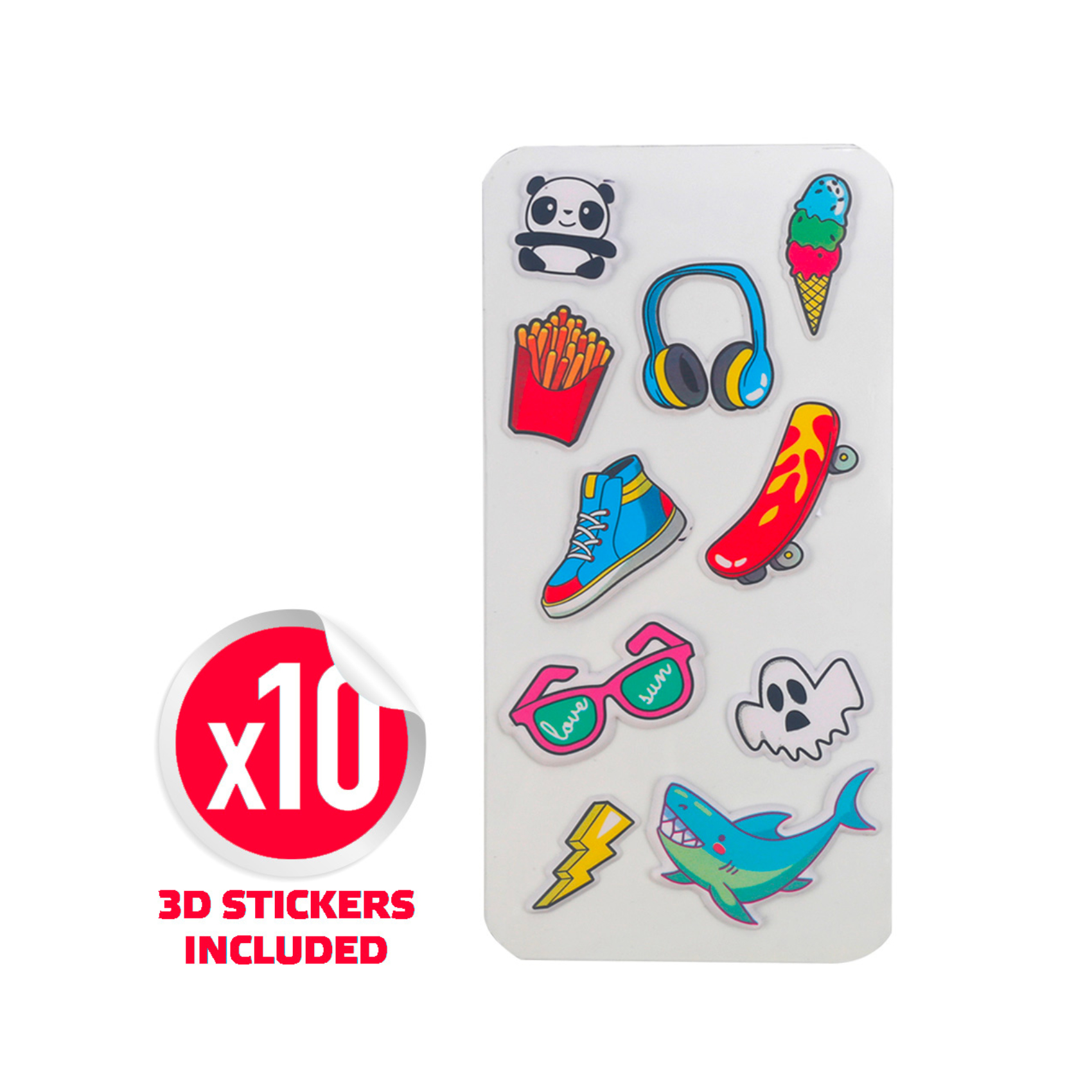 Arkusz naklejek z różnymi kolorowymi naklejkami, w tym pandą, frytkami i rekinem.