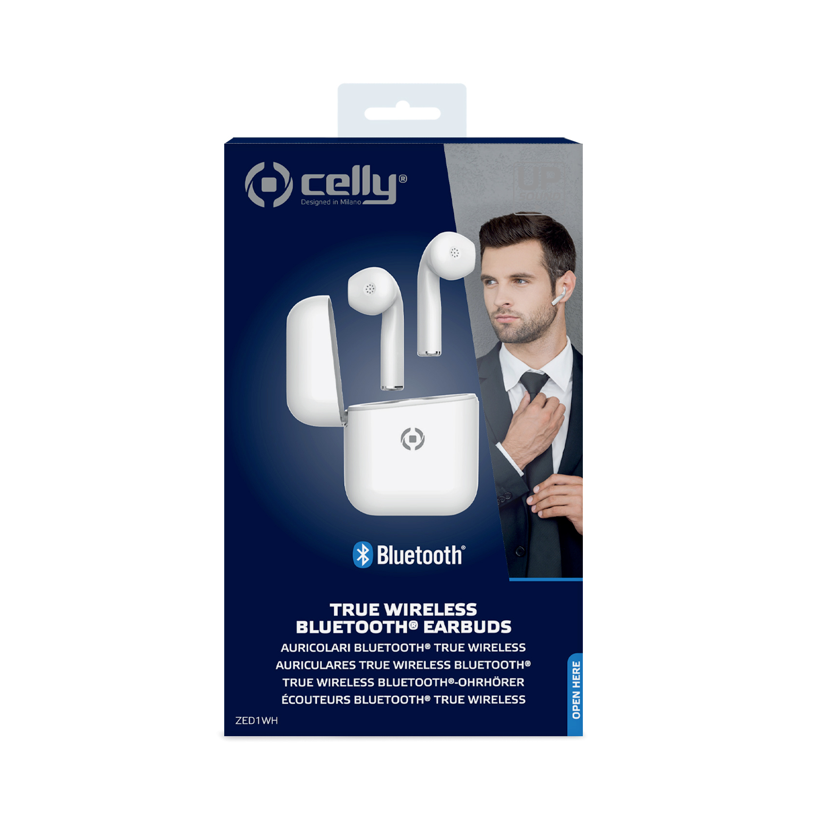 Confezione di auricolari con l'immagine di un uomo. Mostra auricolari e il logo del marchio.