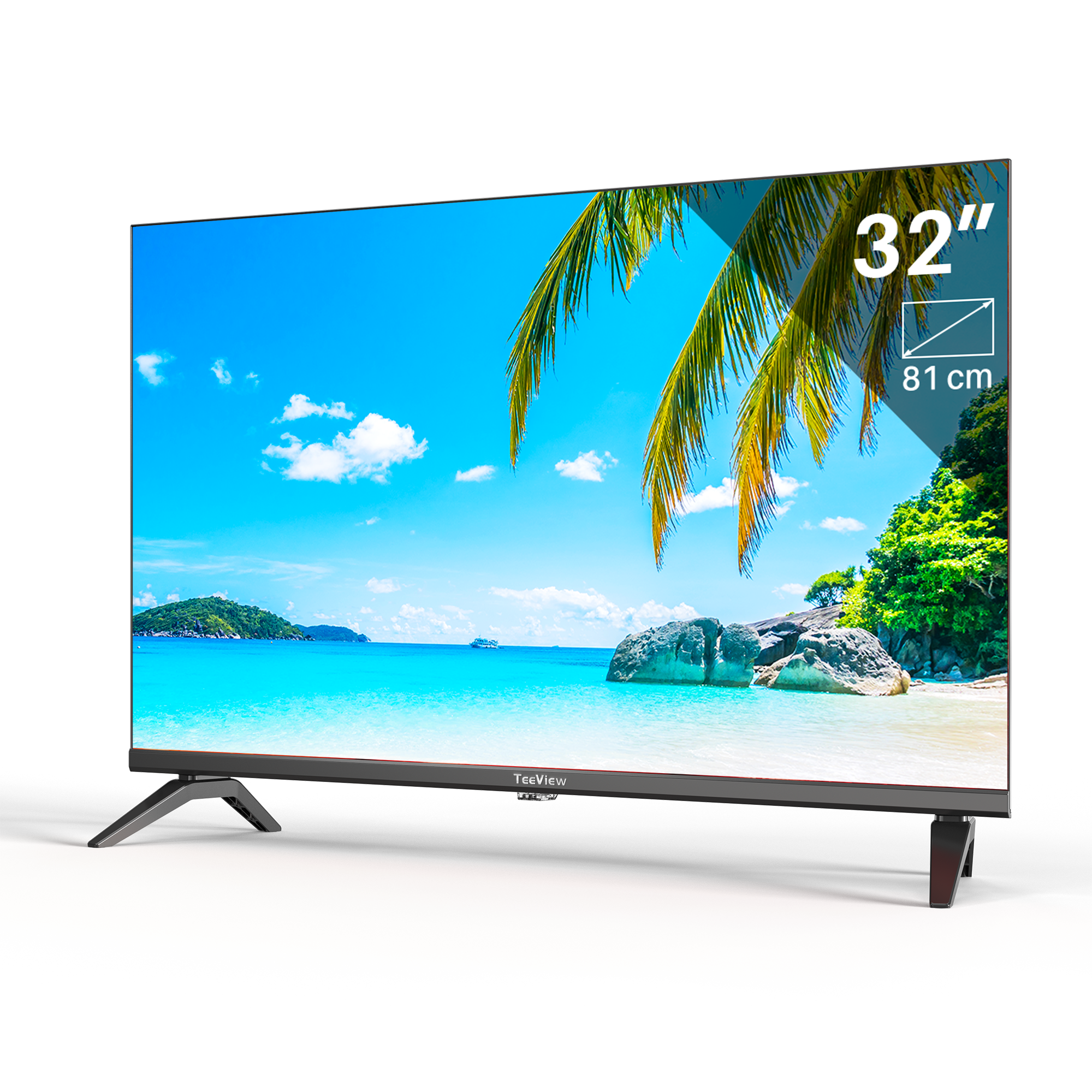 32-inch TV on white. Tropical beach scene on screen. Black stand, palm trees, and blue sky.