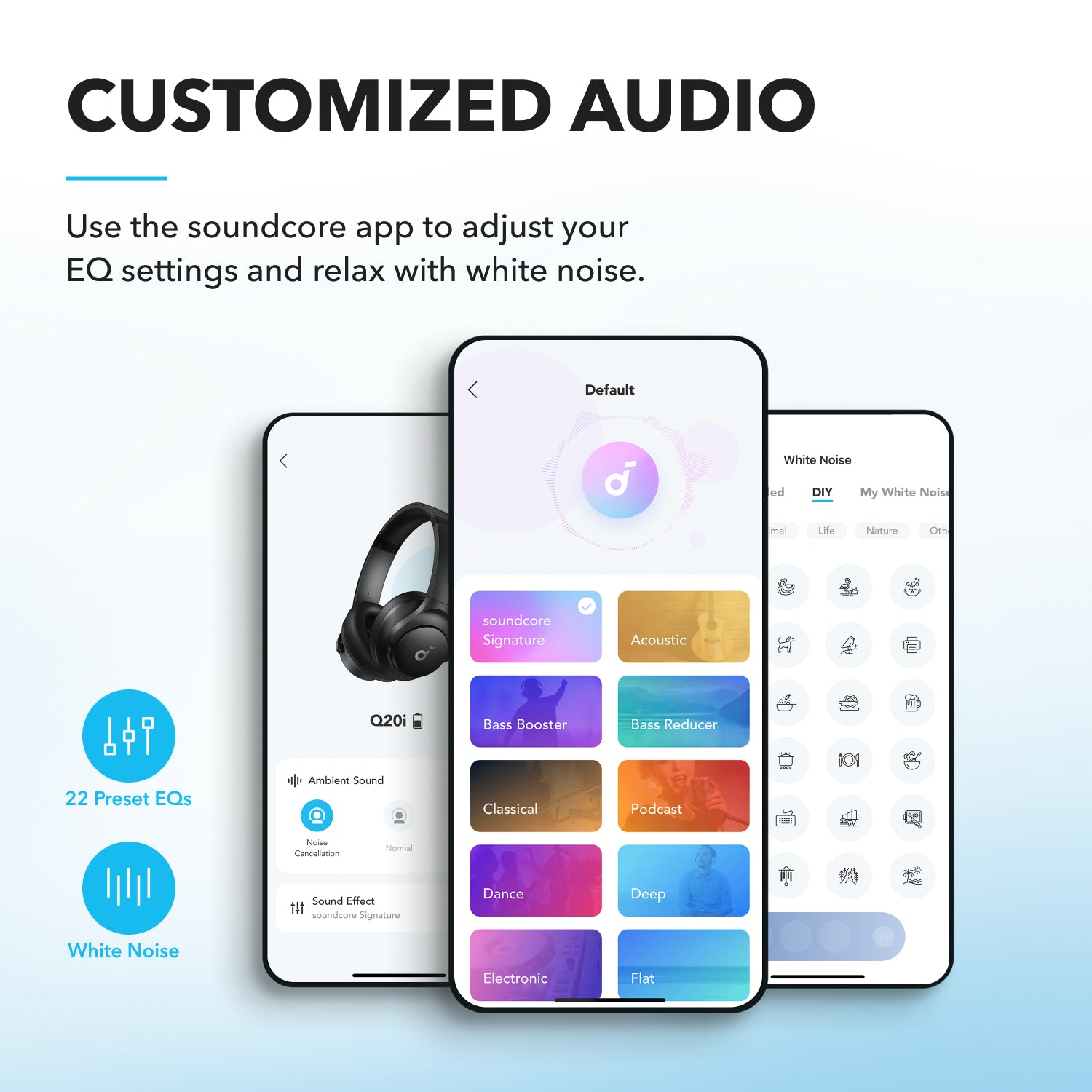 Tre schermate di smartphone che mostrano l'interfaccia dell'app soundcore con impostazioni EQ e opzioni di rumore bianco.