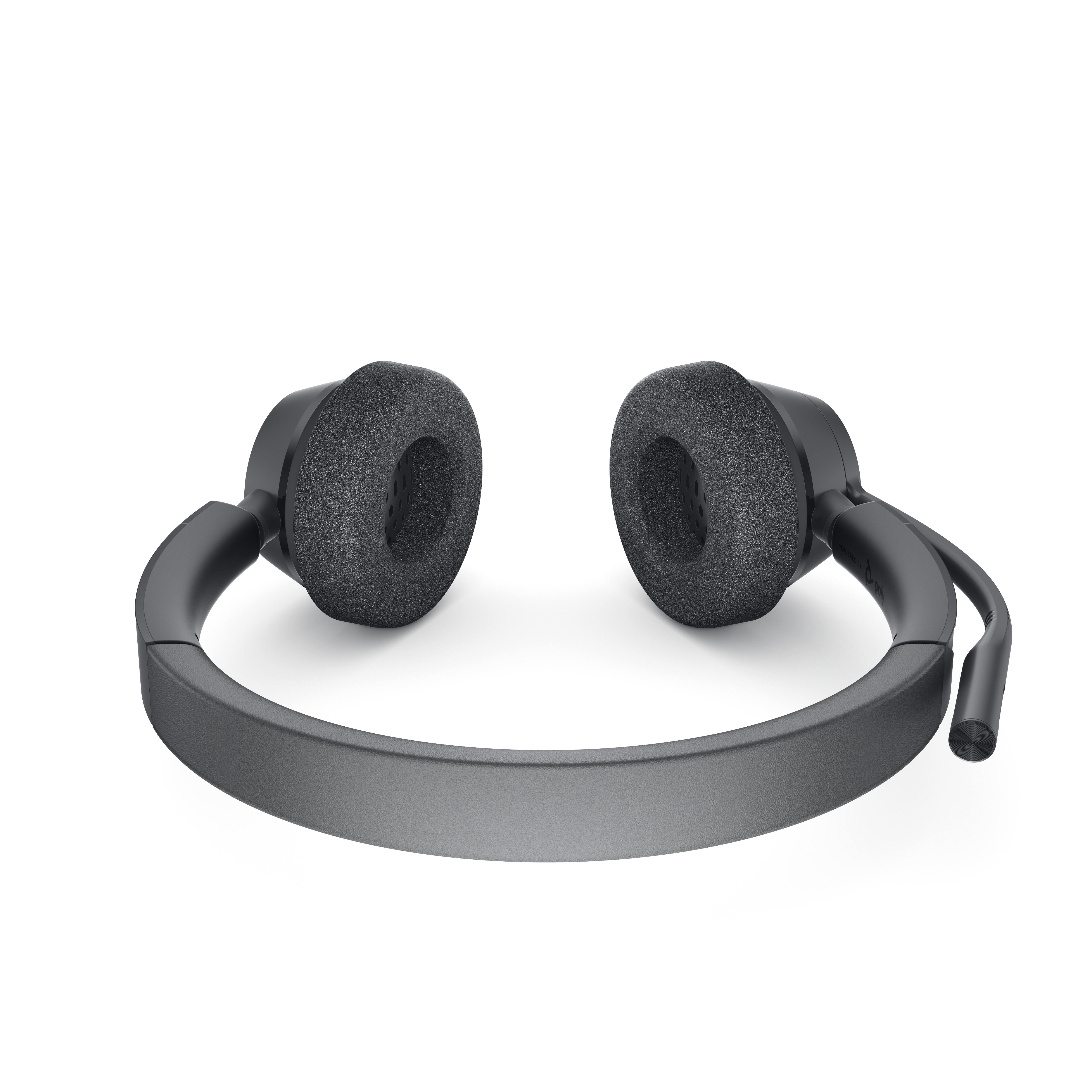 Cuffie over-ear nere, vista frontale. I padiglioni sono in materiale grigio poroso.