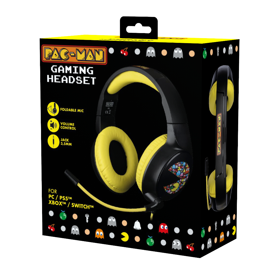 Cuffie gaming Pac-Man in scatola, design giallo e nero. Microfono pieghevole e controllo volume.