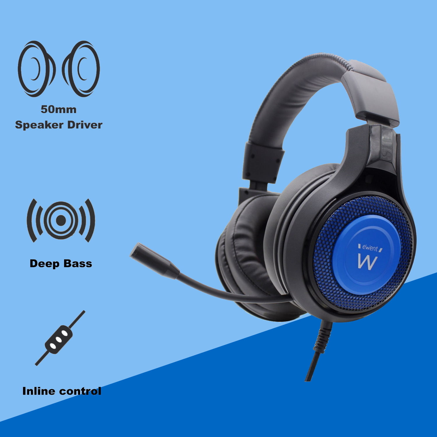 Cuffie da gioco con microfono e controllo in linea. Design blu e nero. Sfondo blu.