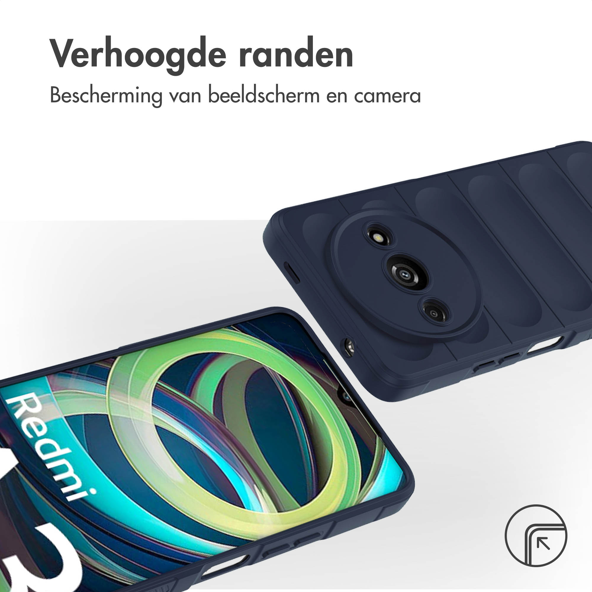 Een telefoon en telefoonhoesje, met een marineblauwe hoes.