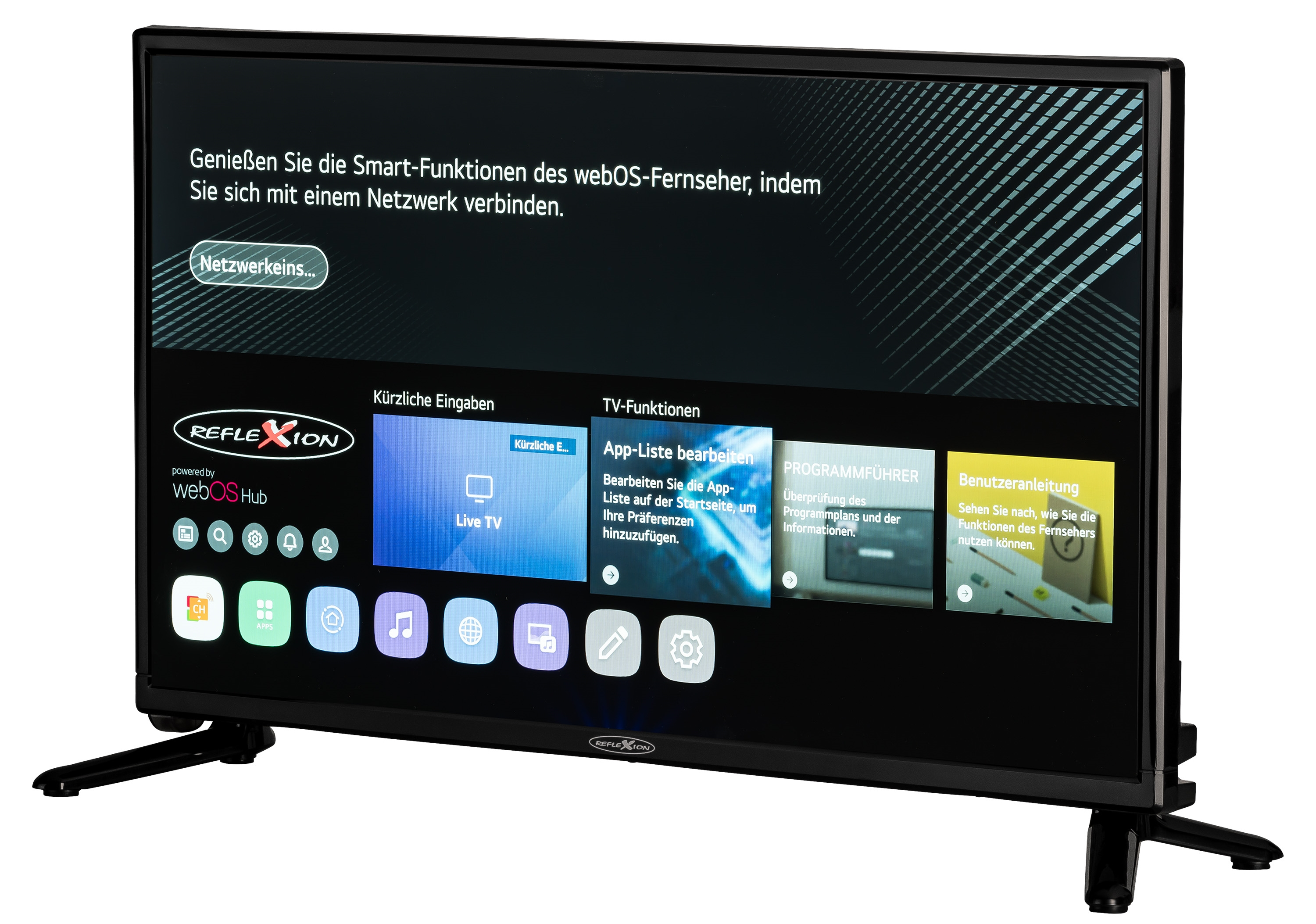 Czarny ekran telewizora, wyświetlający interfejs Smart TV z opcjami aplikacji. Telewizor stoi na stojaku.