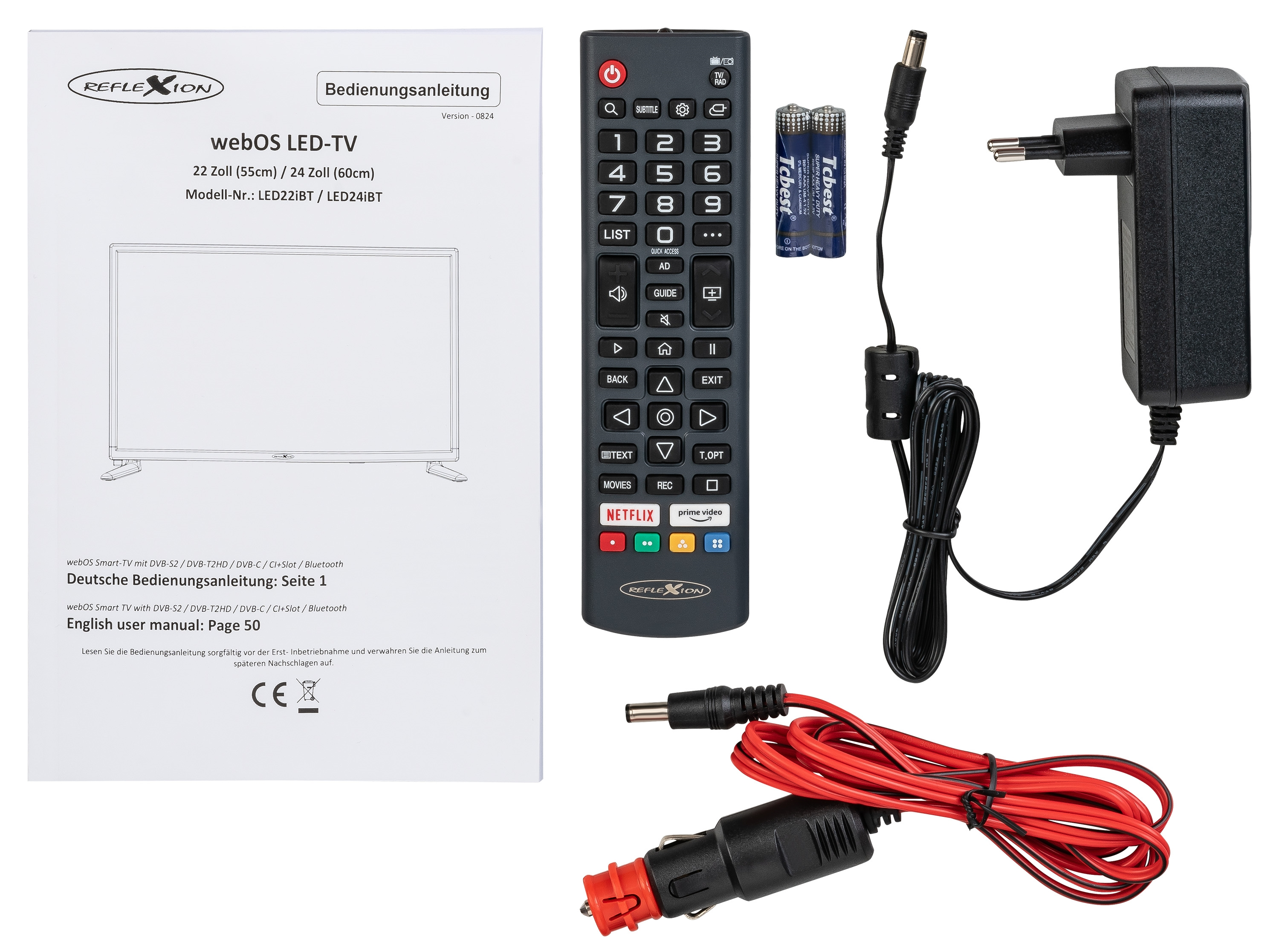 Telewizor LED WebOS i akcesoria: pilot, baterie, zasilacz i instrukcja obsługi.