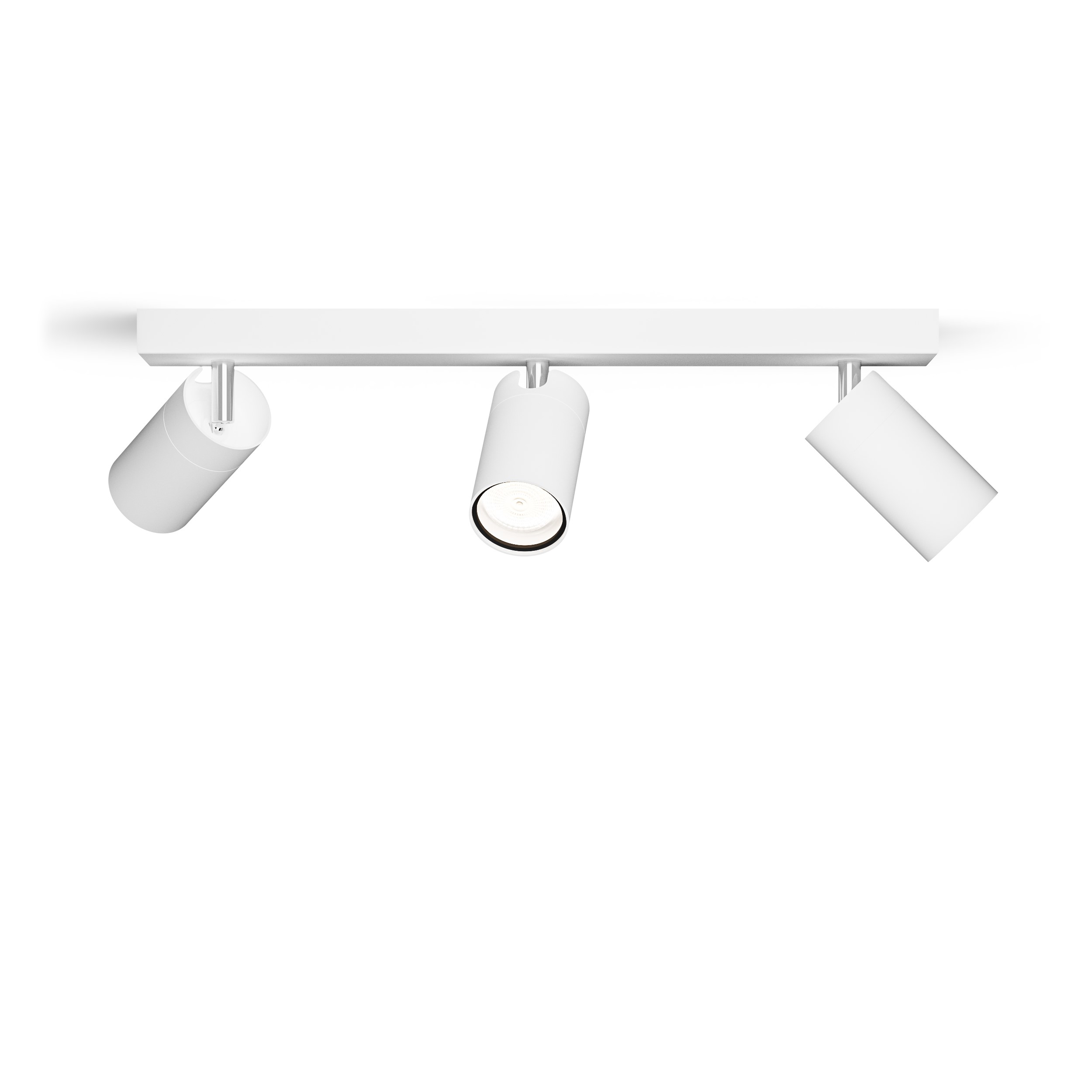 Three white spotlights on a white bar. They point in different directions.