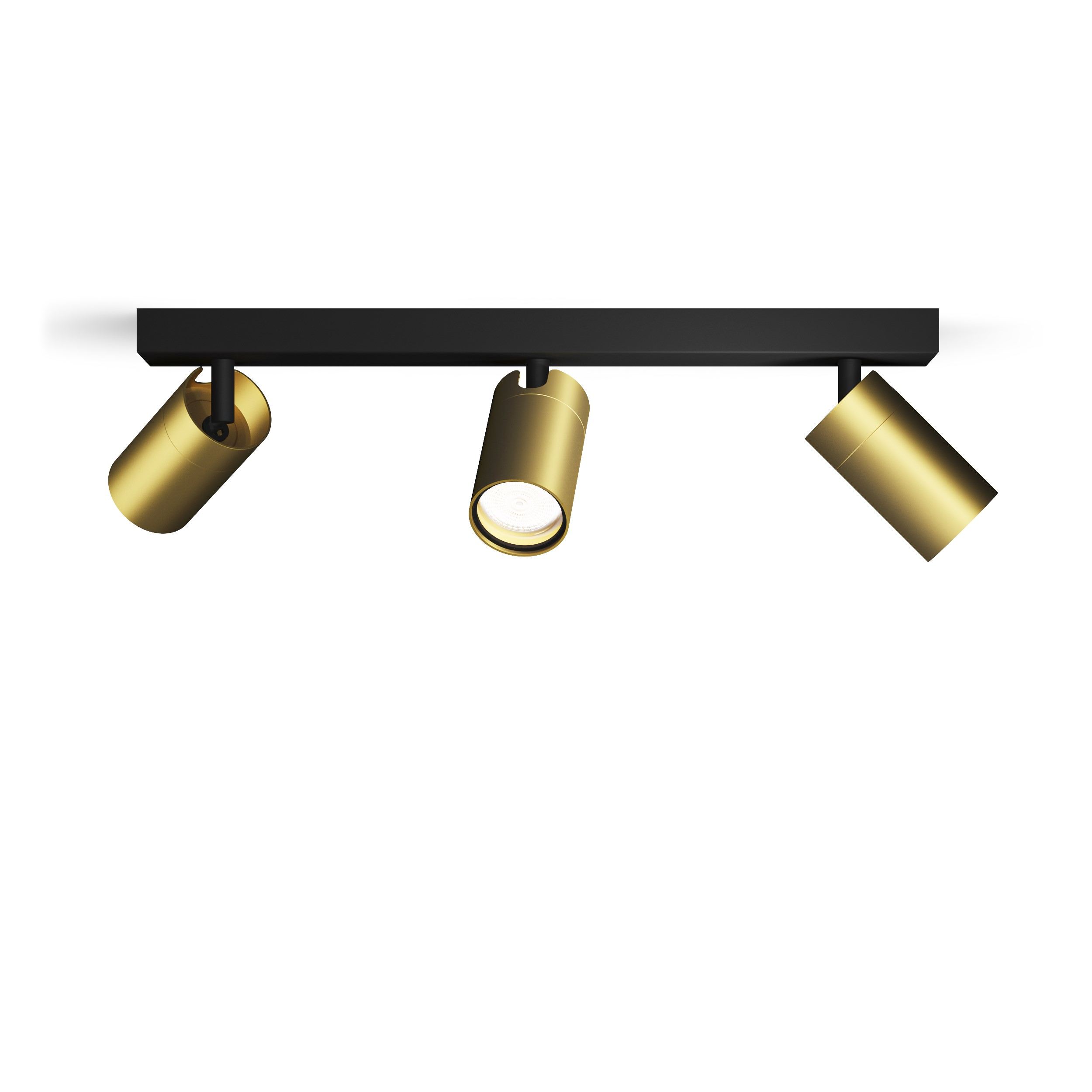 Three gold-colored spotlights on a black rail against a white background.