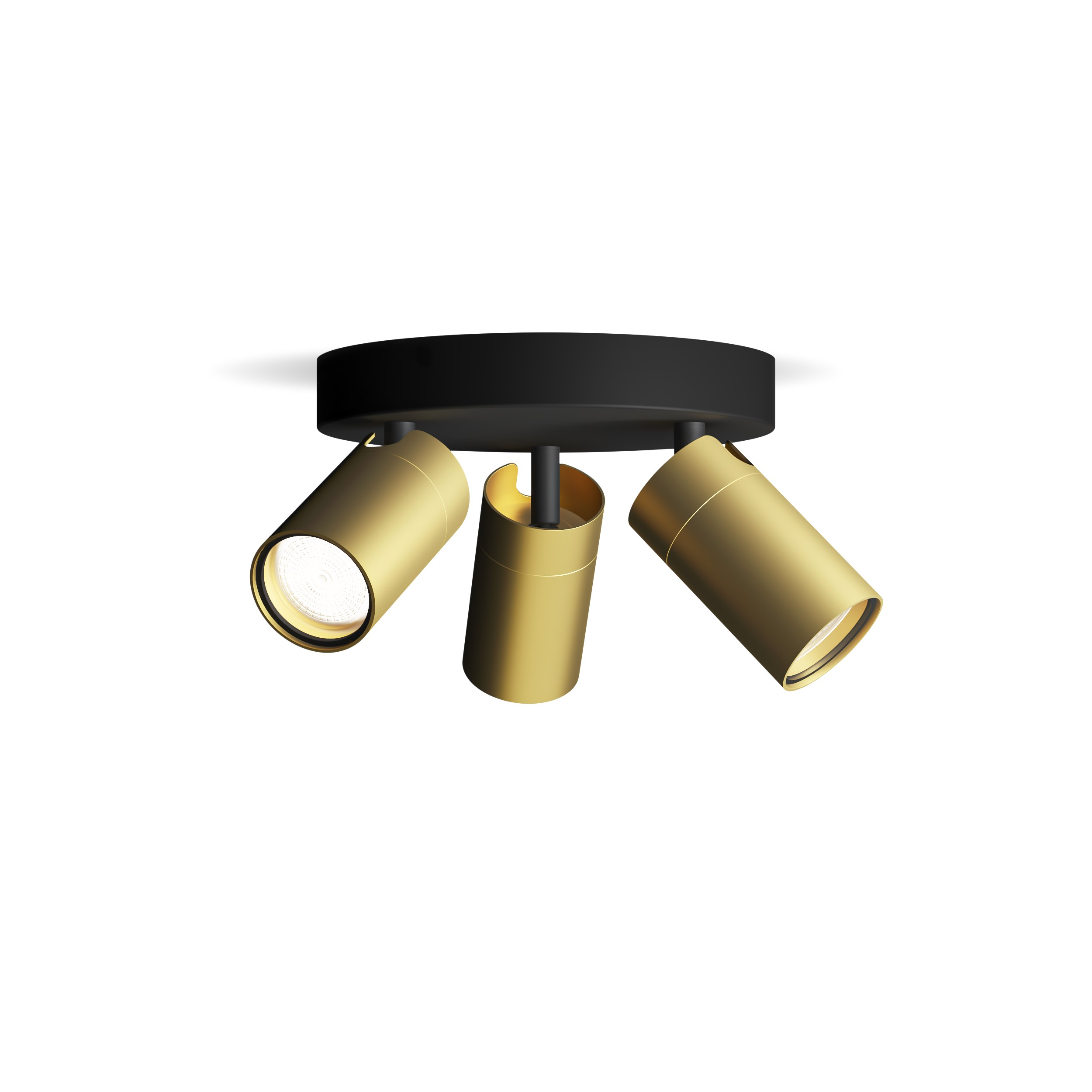 Three gold cylindrical spotlights on a black circular base, against a white background.