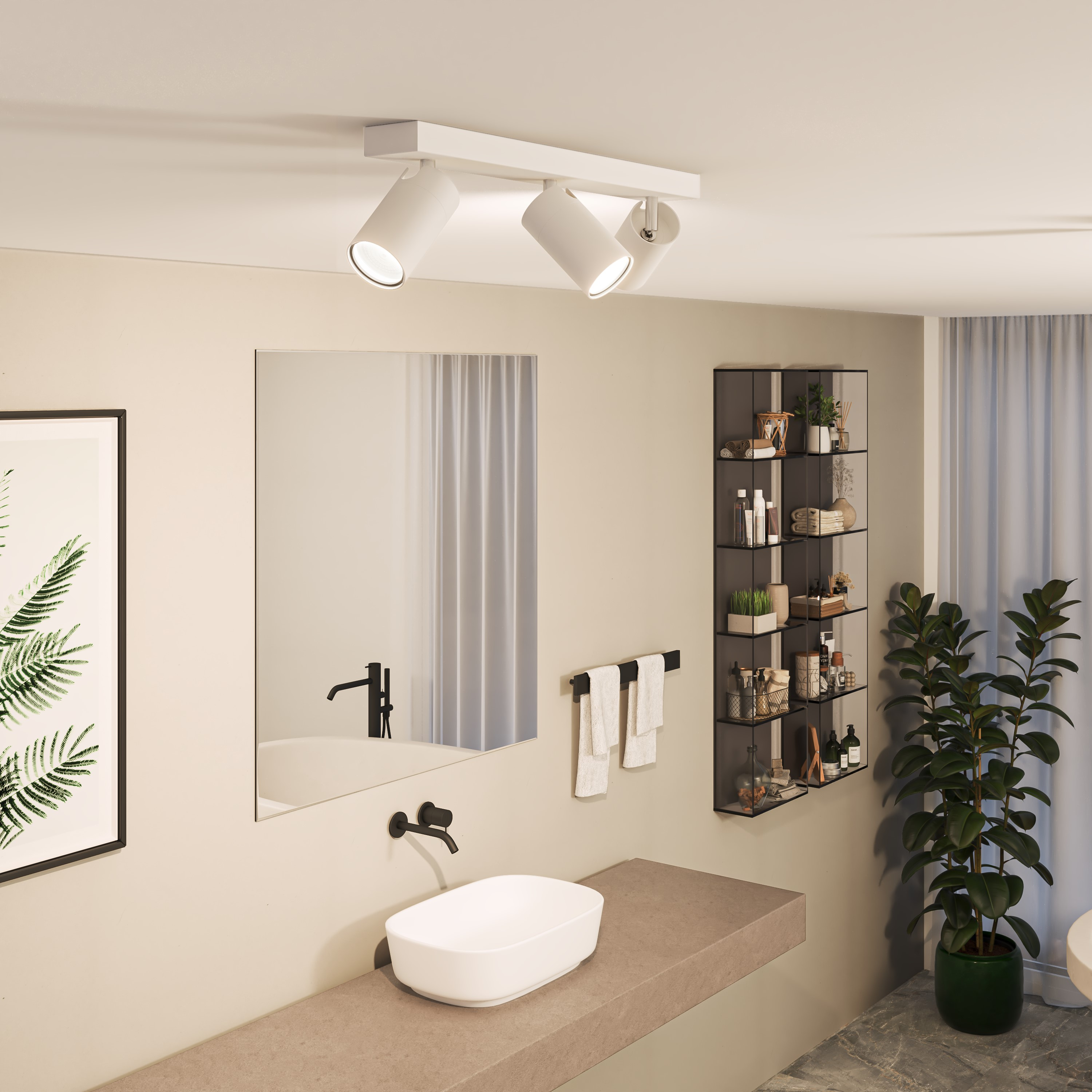 Bathroom scene with a mirror, sink, and plant. White light fixtures and a glass shelf are visible.
