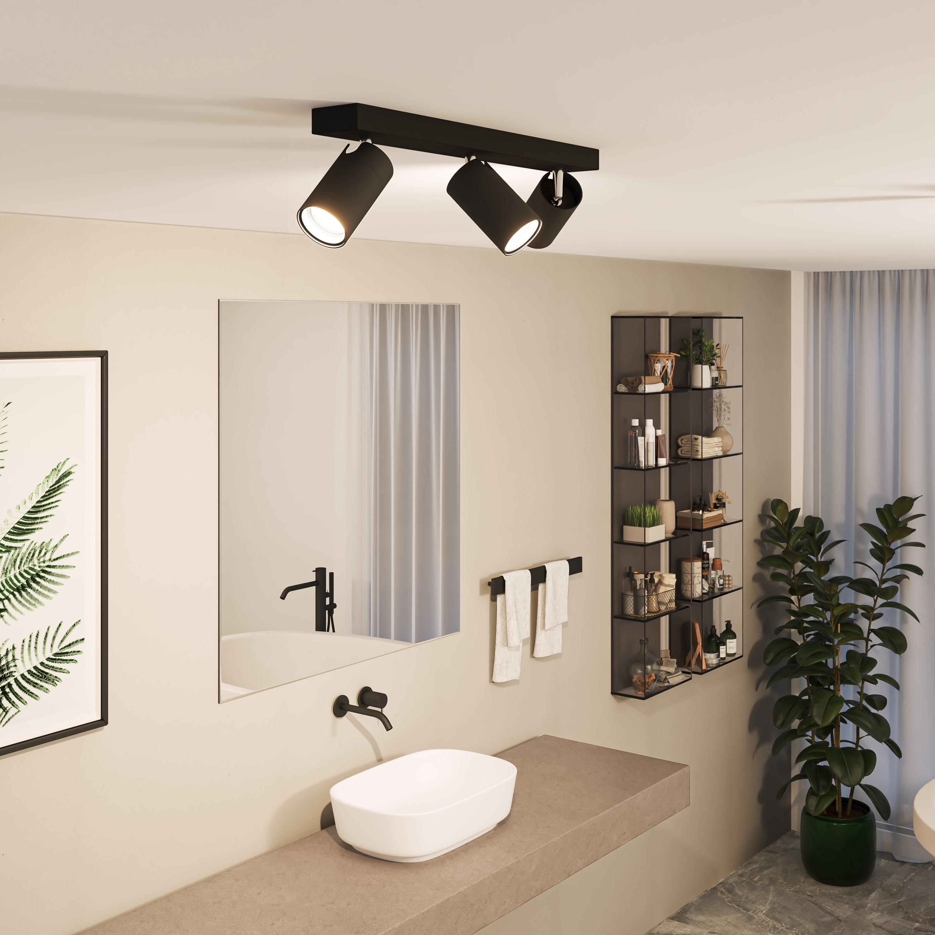 Badkamer met spiegel, wastafel, zwarte armaturen en spots. Een plant en een plank staan op de achtergrond.