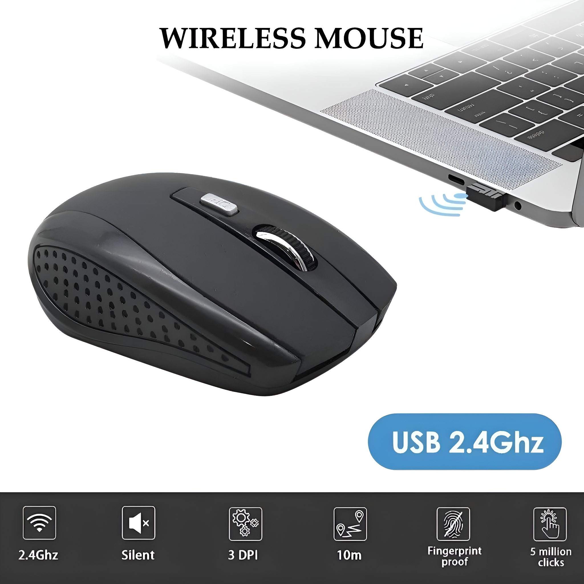 Schwarze kabellose Maus, verbunden mit einem Laptop mit USB-Dongle. Blauer Text unten.