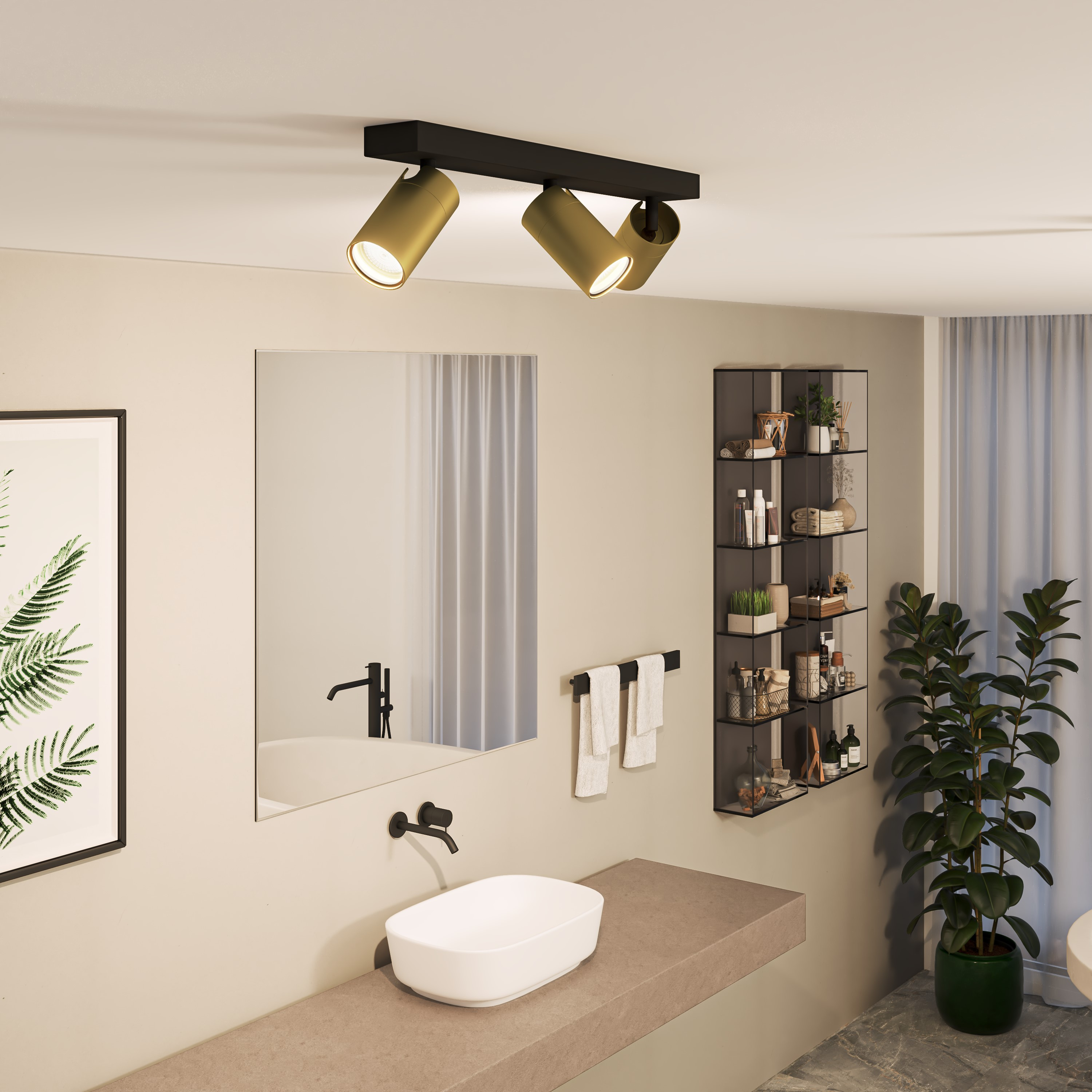 Bathroom scene with a mirror, sink, and overhead lights. A black framed print and a tall plant are visible.