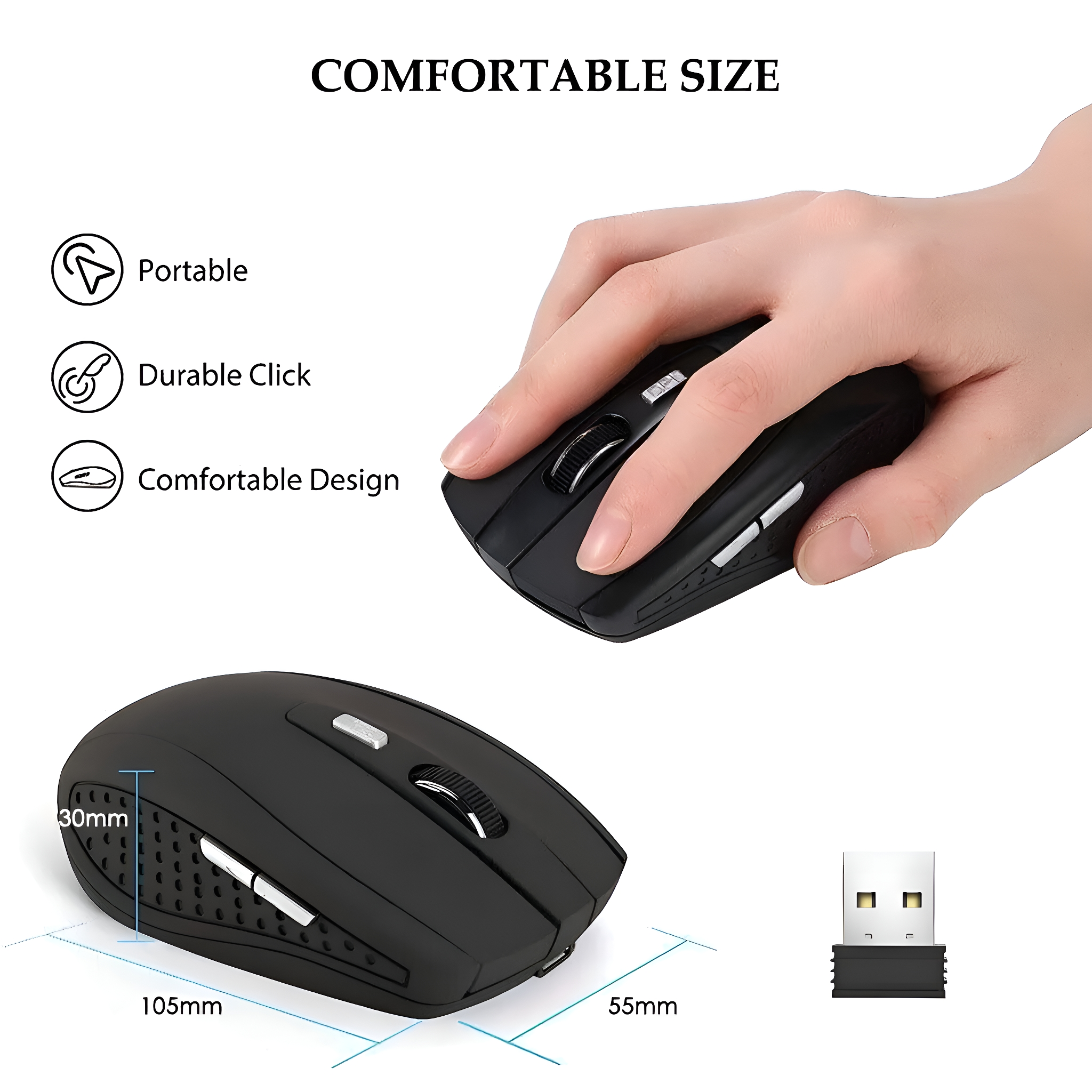 Eine schwarze kabellose Maus mit beschrifteten Abmessungen und einem USB-Empfänger.