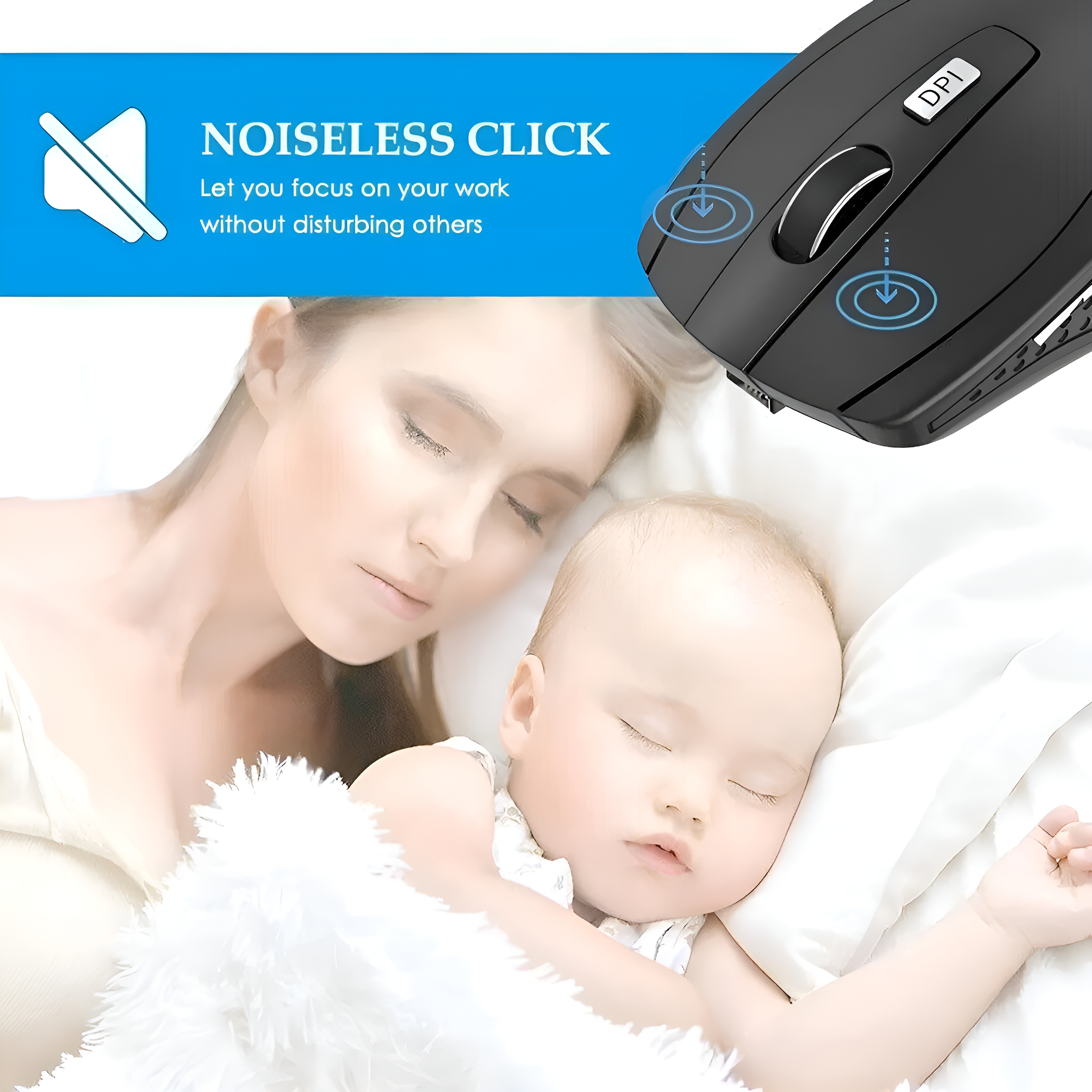 Schlafende Frau und Baby. Maus und Text über geräuschloses Klicken.