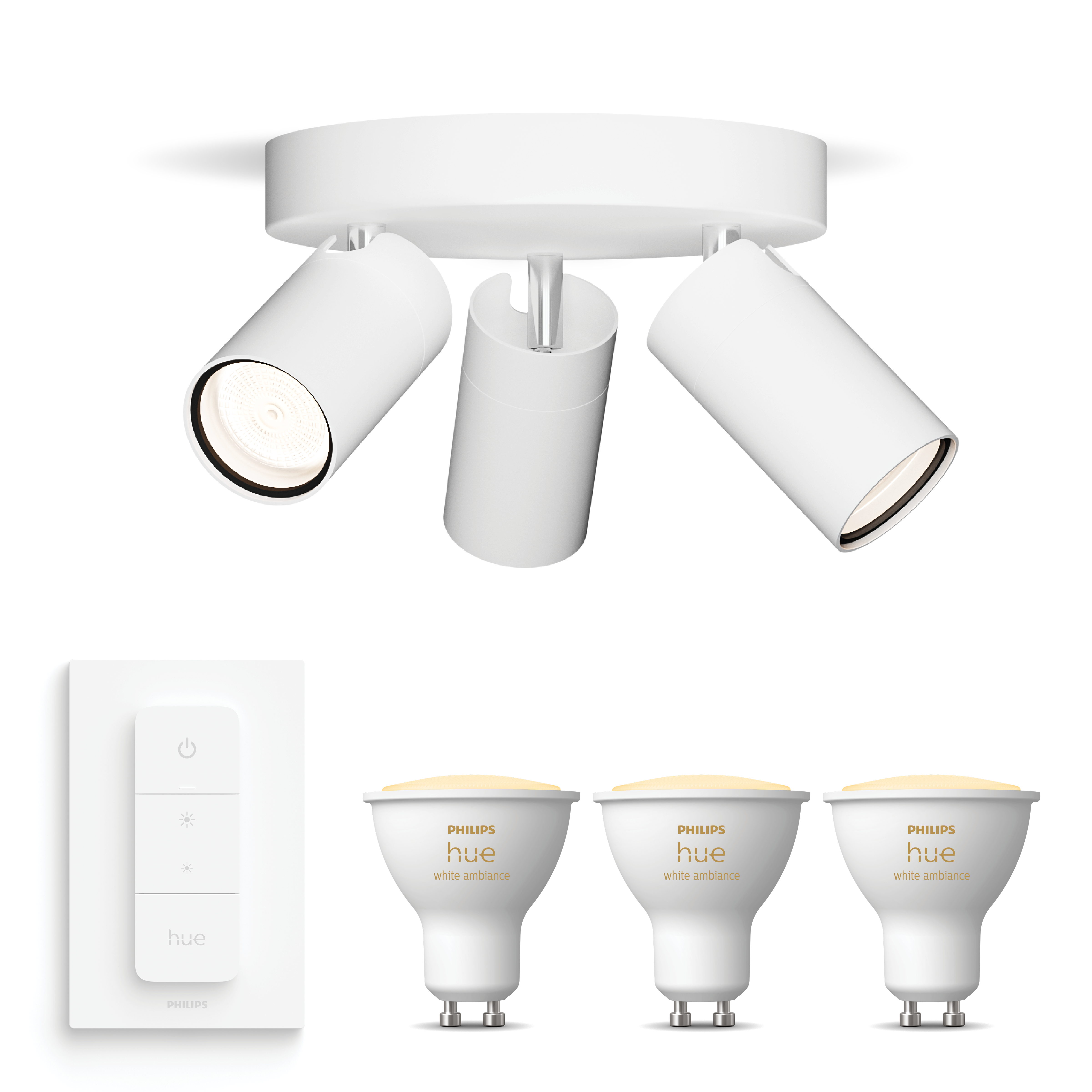 Witte railverlichting met drie lampen en drie lampen. Het armatuur is wit.