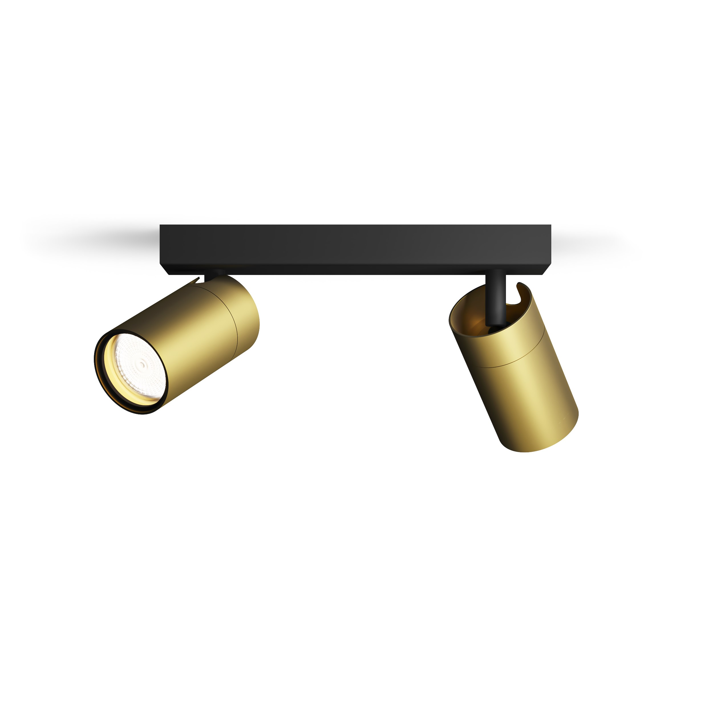 Gold track lighting fixture with two lights. The fixture is black with a white background.