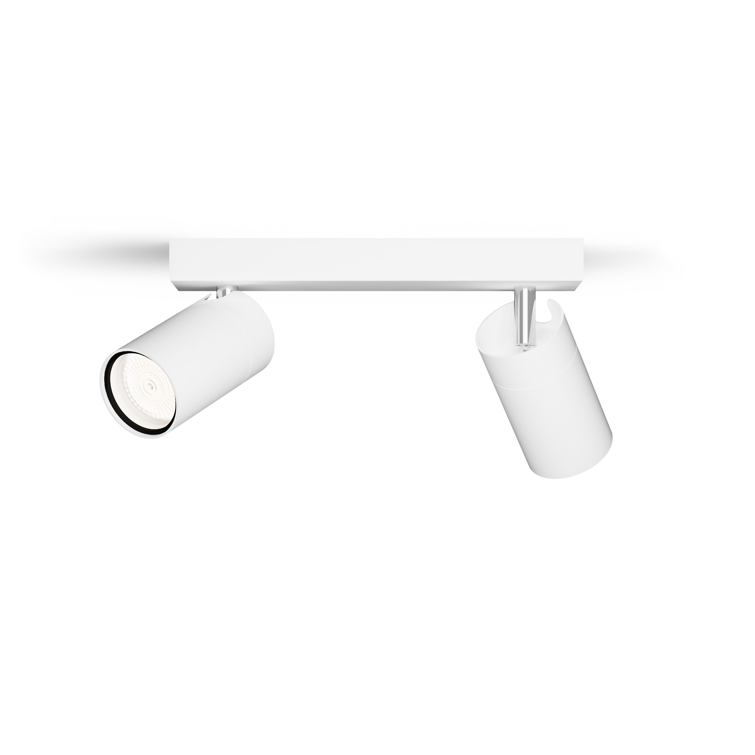 White track lighting fixture with two spotlights. The lights are directed downwards.