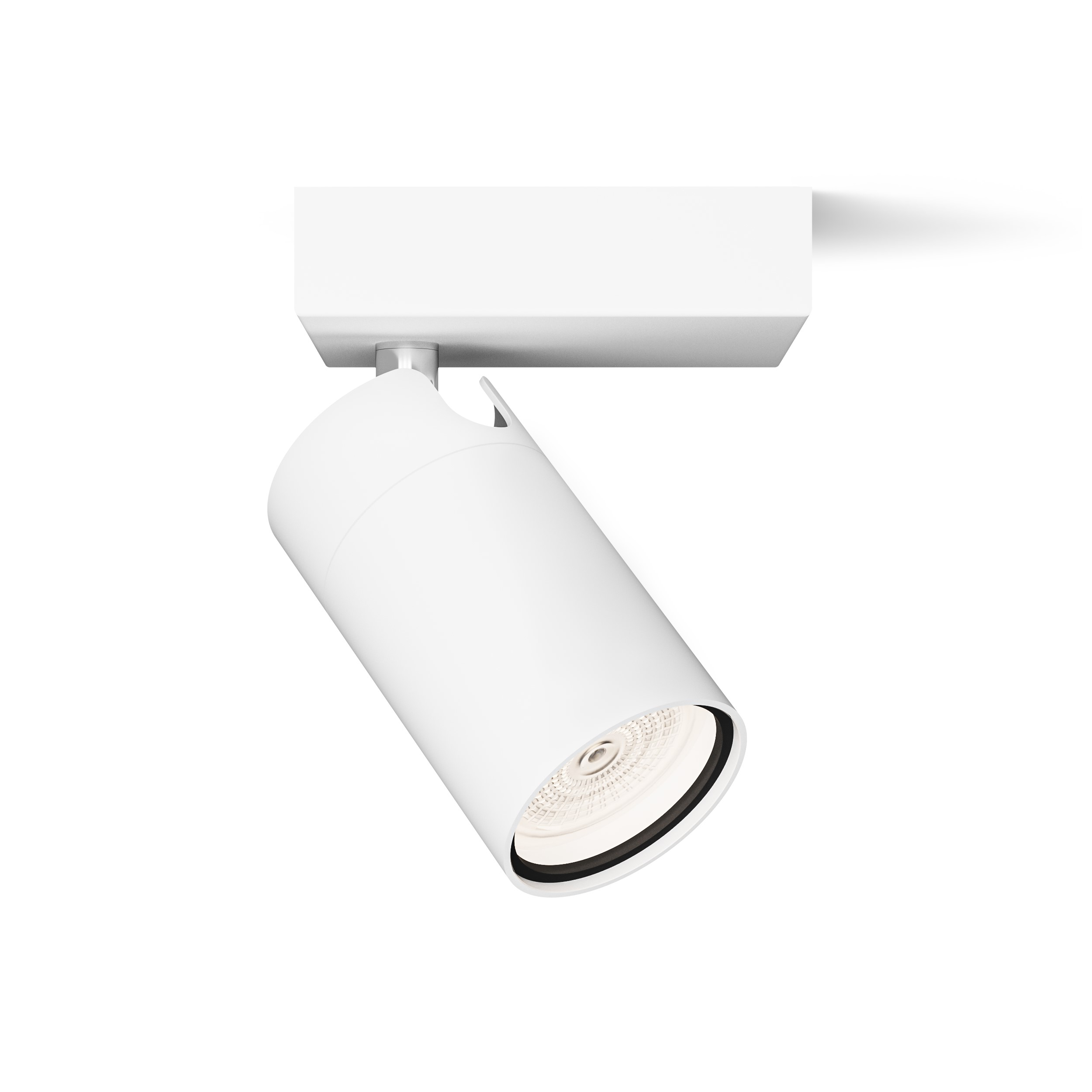 White spotlight with a cylindrical body, mounted on a white rectangular base, white background.