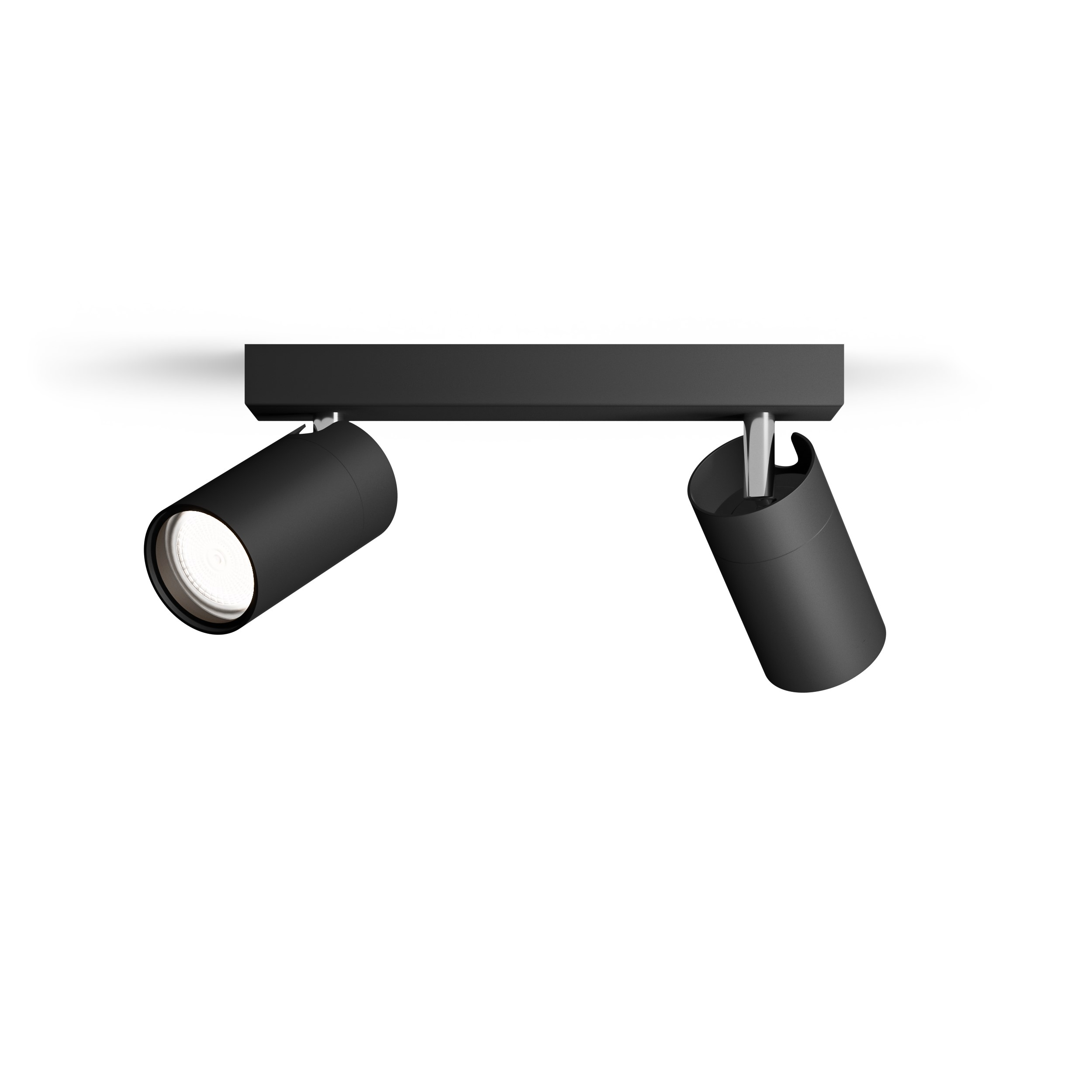 Black light fixture with two adjustable spotlights. White background. Sleek and modern design.