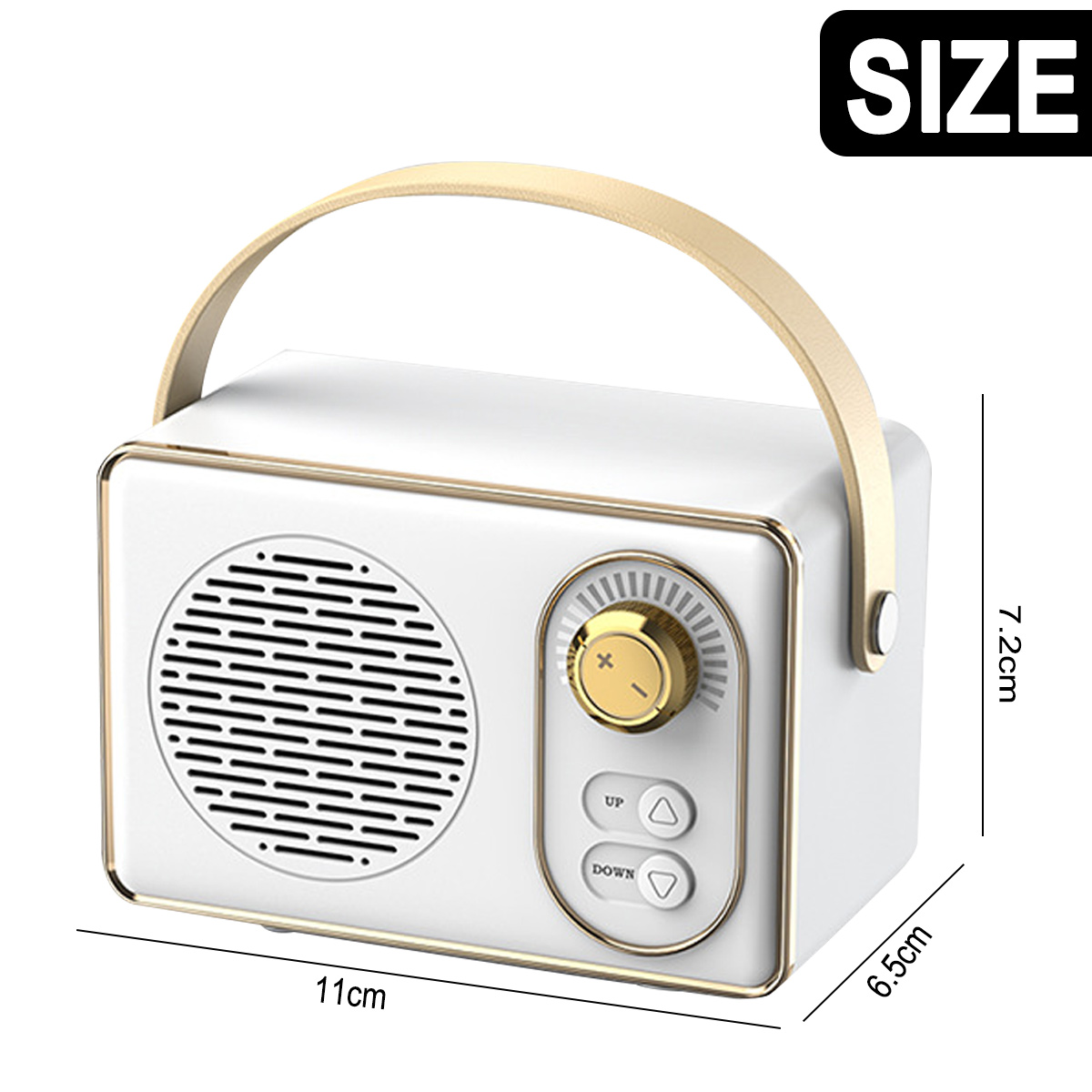 Ein weißes Radio im Retro-Stil mit beigem Griff. Es hat ein Zifferblatt und Knöpfe.