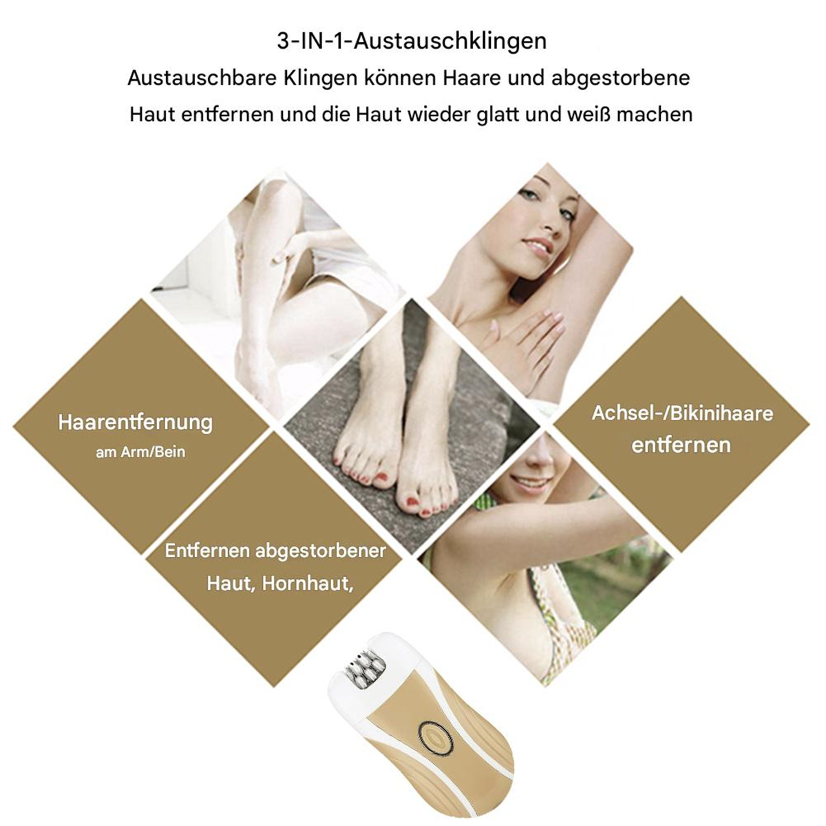 Ein Epilierer entfernt Haare von Beinen, Füßen und Achseln. Er hat ein gold-weißes Gehäuse. Der Hintergrund ist hell.