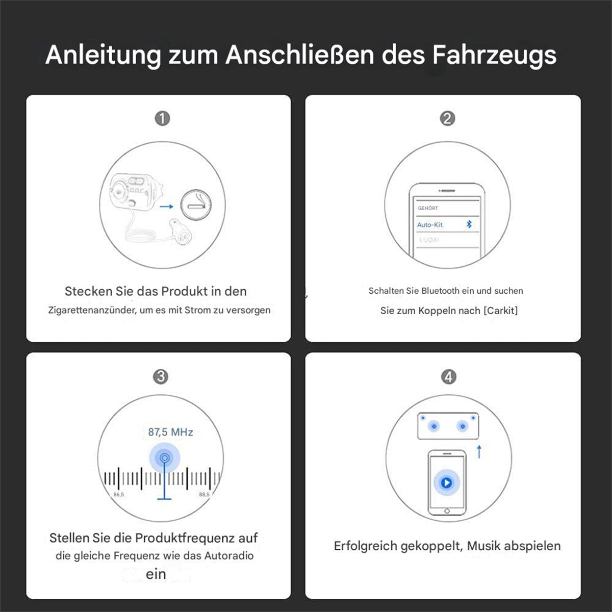 Eine Schritt-für-Schritt-Anleitung zum Anschließen eines Geräts mit Illustrationen und Text.
