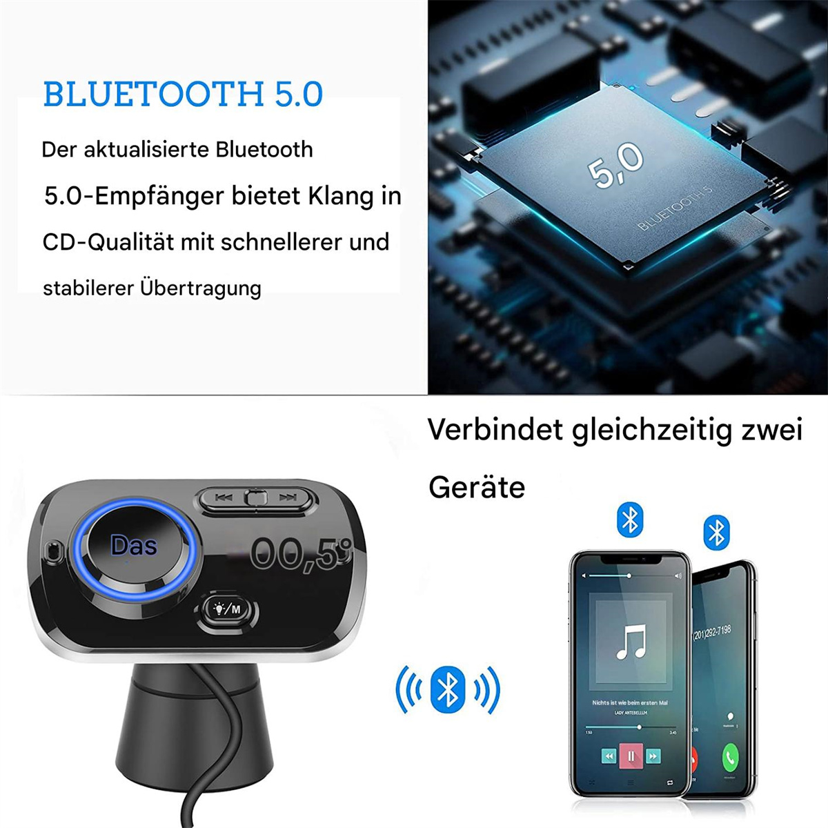 Bluetooth 5.0 Empfänger mit Bildschirm, zwei verbundene Telefone und ein Chip.