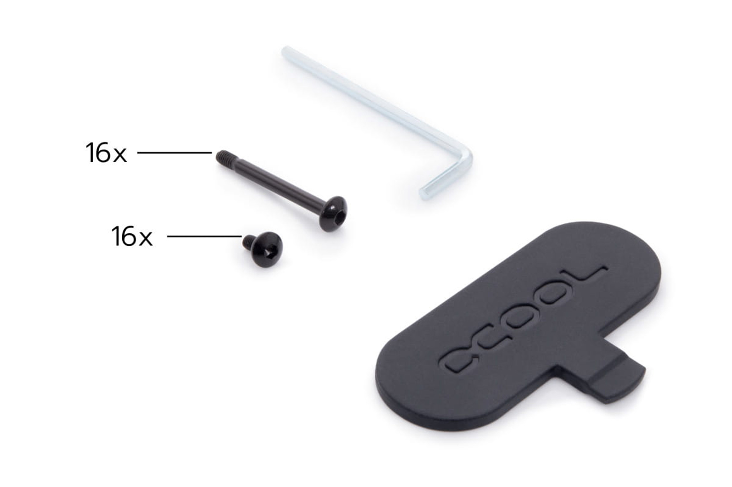 Hardware-Kit: Schrauben, Inbusschlüssel und schwarzes Kunststoffteil auf einer weißen Oberfläche.