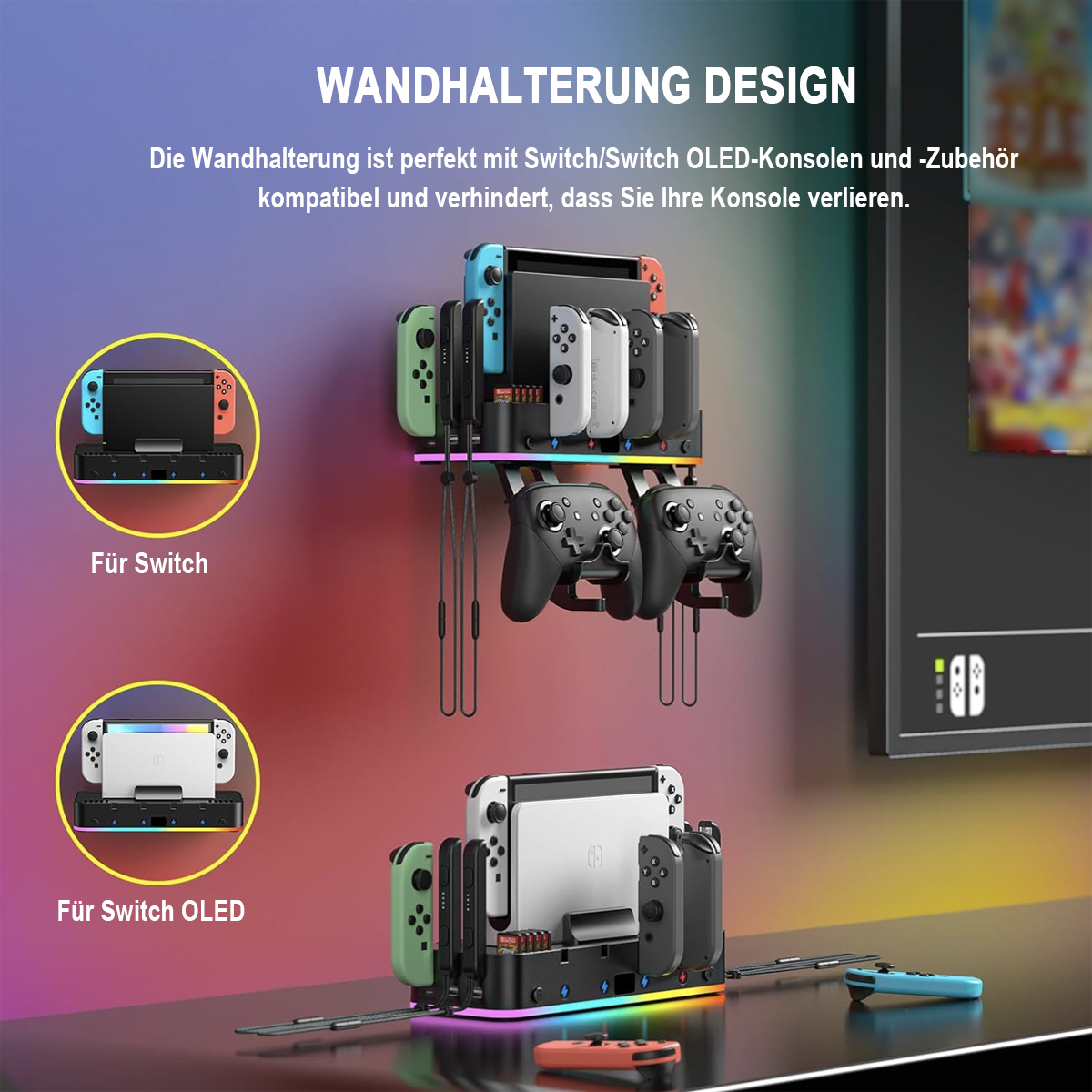 Gaming-Konsolen-Wandhalterung mit Konsolen und Controllern, verschiedene Konsolenmodelle dargestellt.