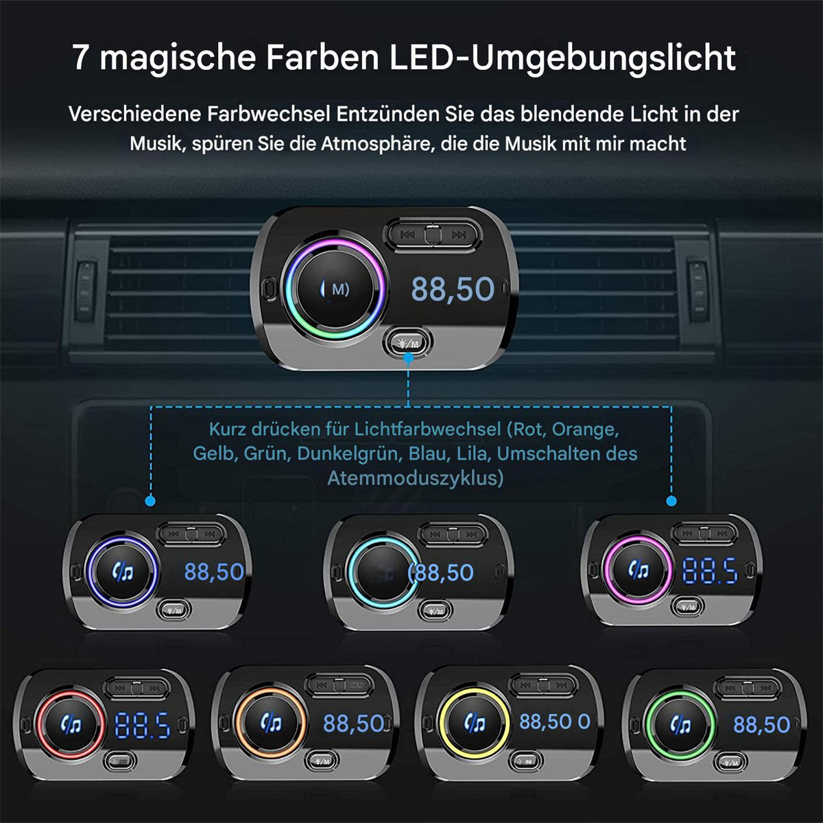 Auto-FM-Transmitter mit Display, das verschiedene Farboptionen anzeigt.