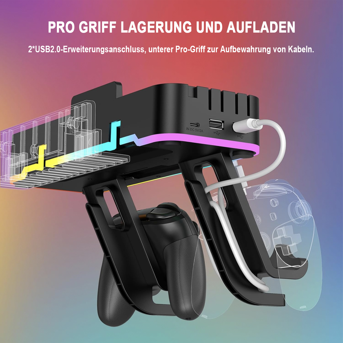 Schwarzes und graues Spielcontroller-Ladegerät mit Kabel und Controller. Text: Pro-Griff-Aufbewahrung und Aufladen.
