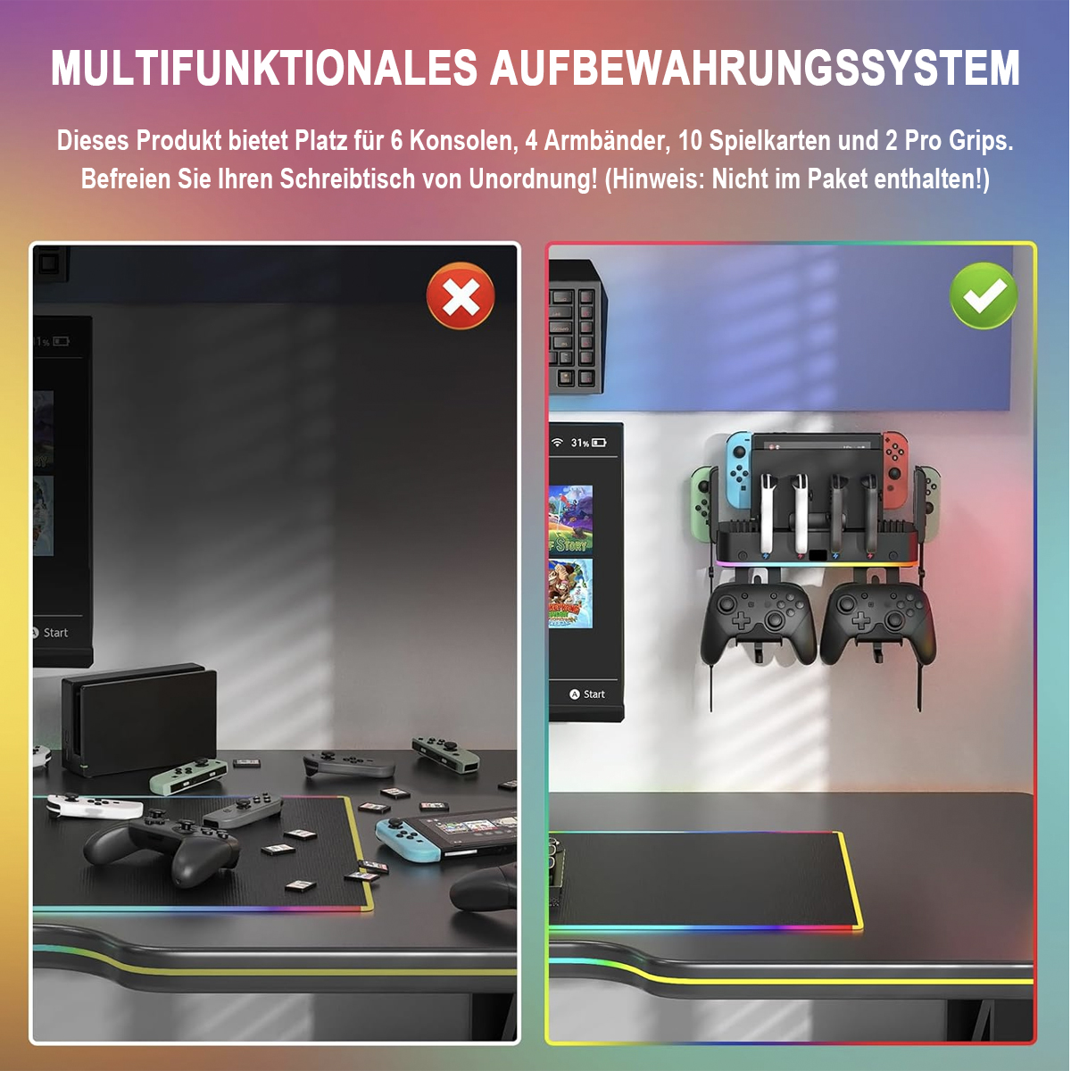 Ein Gaming-Setup-Organizer. Zeigt Vorher- und Nachher-Ansichten. Die rechte Seite ist organisiert. Weißer Hintergrund.