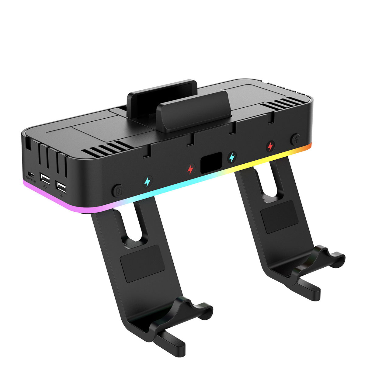 Schwarze Ladestation mit mehrfarbigen Lichtern. Hält zwei Controller. USB-Anschlüsse sind sichtbar.
